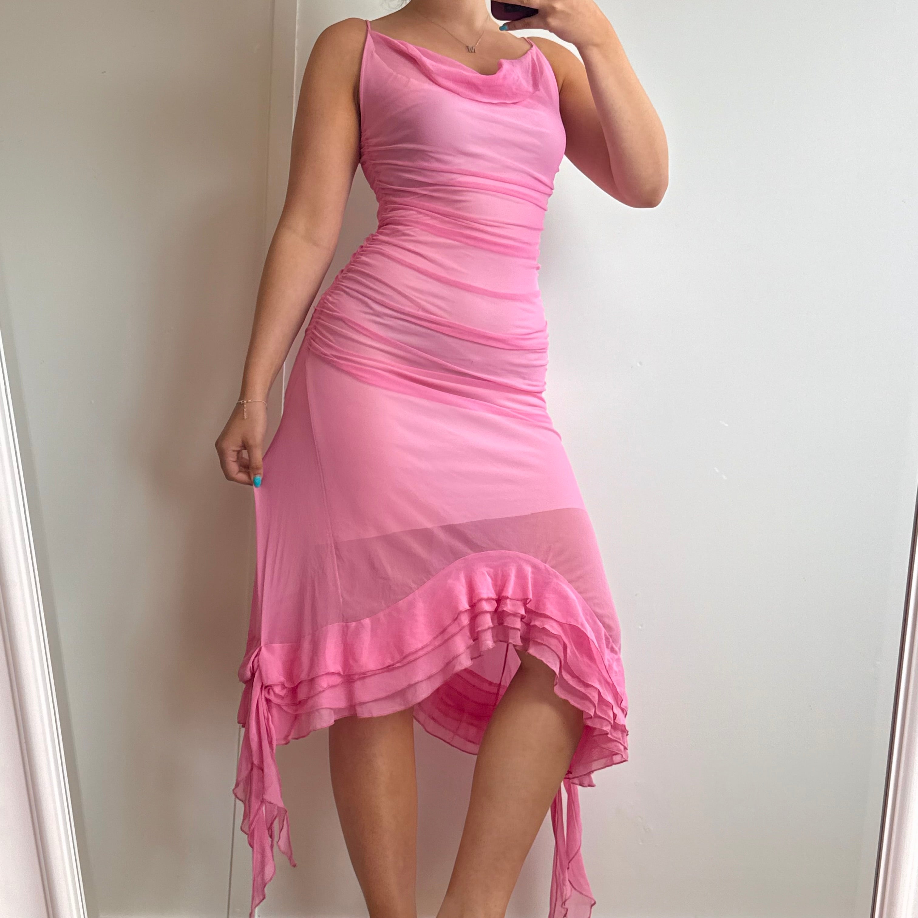 Pink mesh asymmetrical cowl neck dress