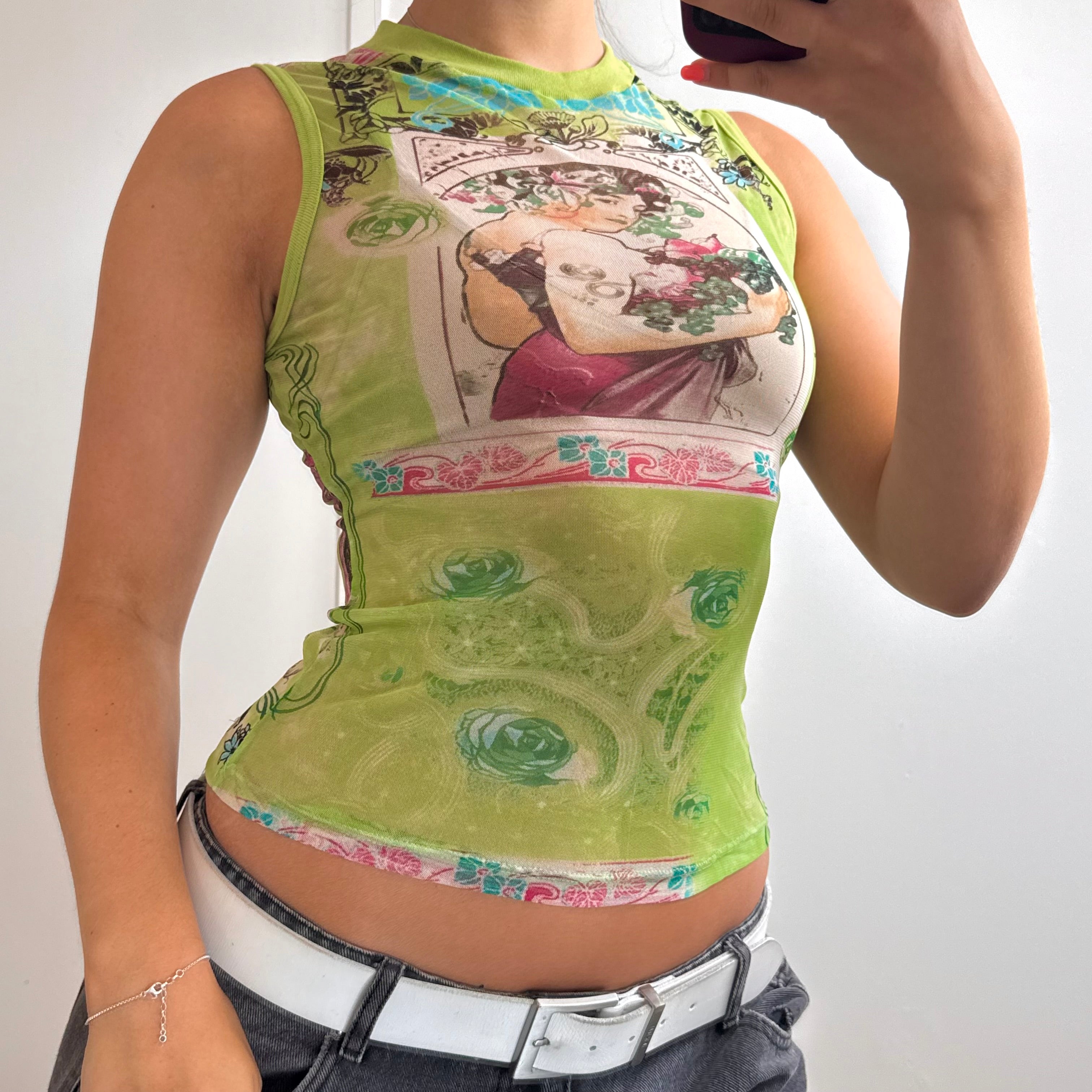 Green mesh patterned top