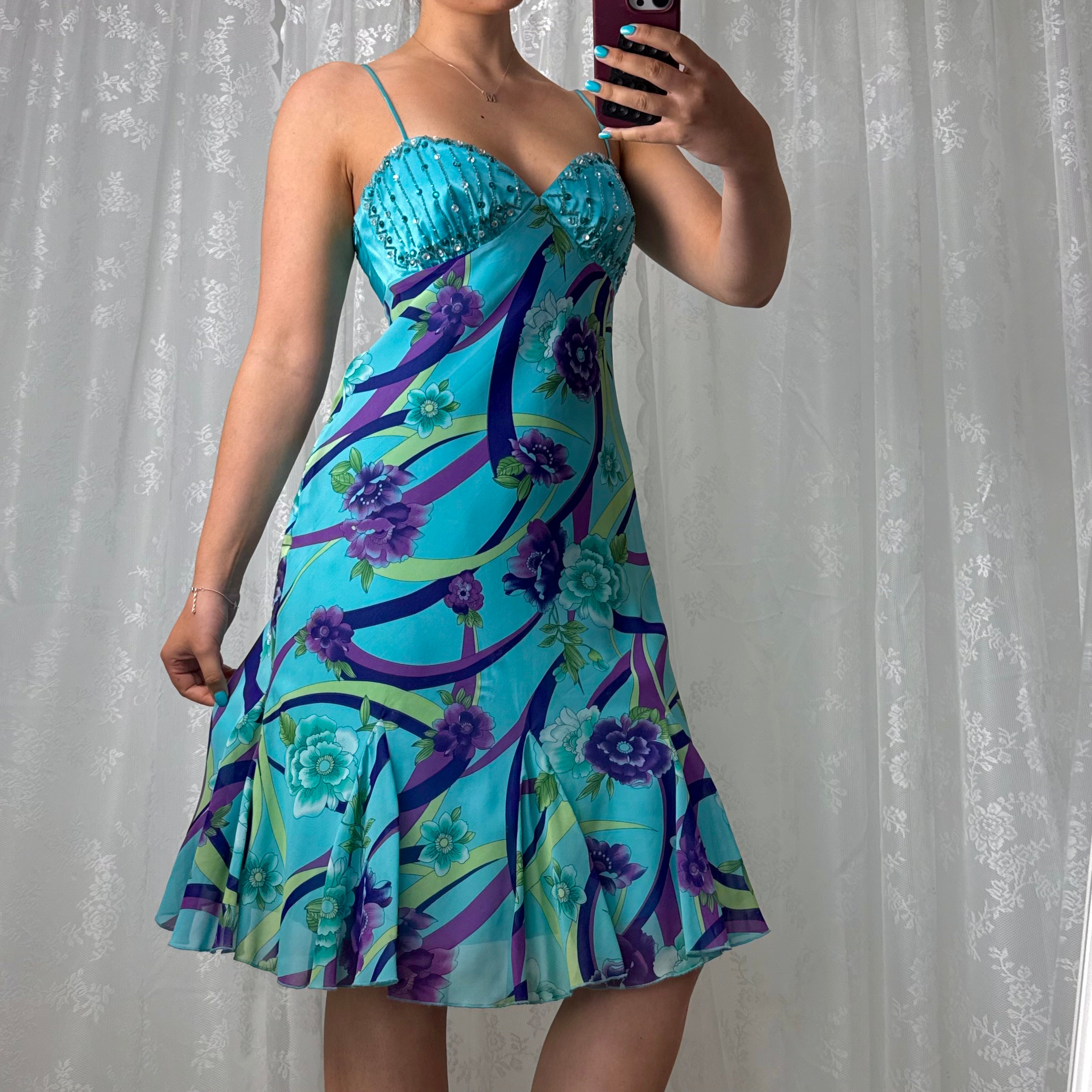 Blue and purple beaded mesh midi dress