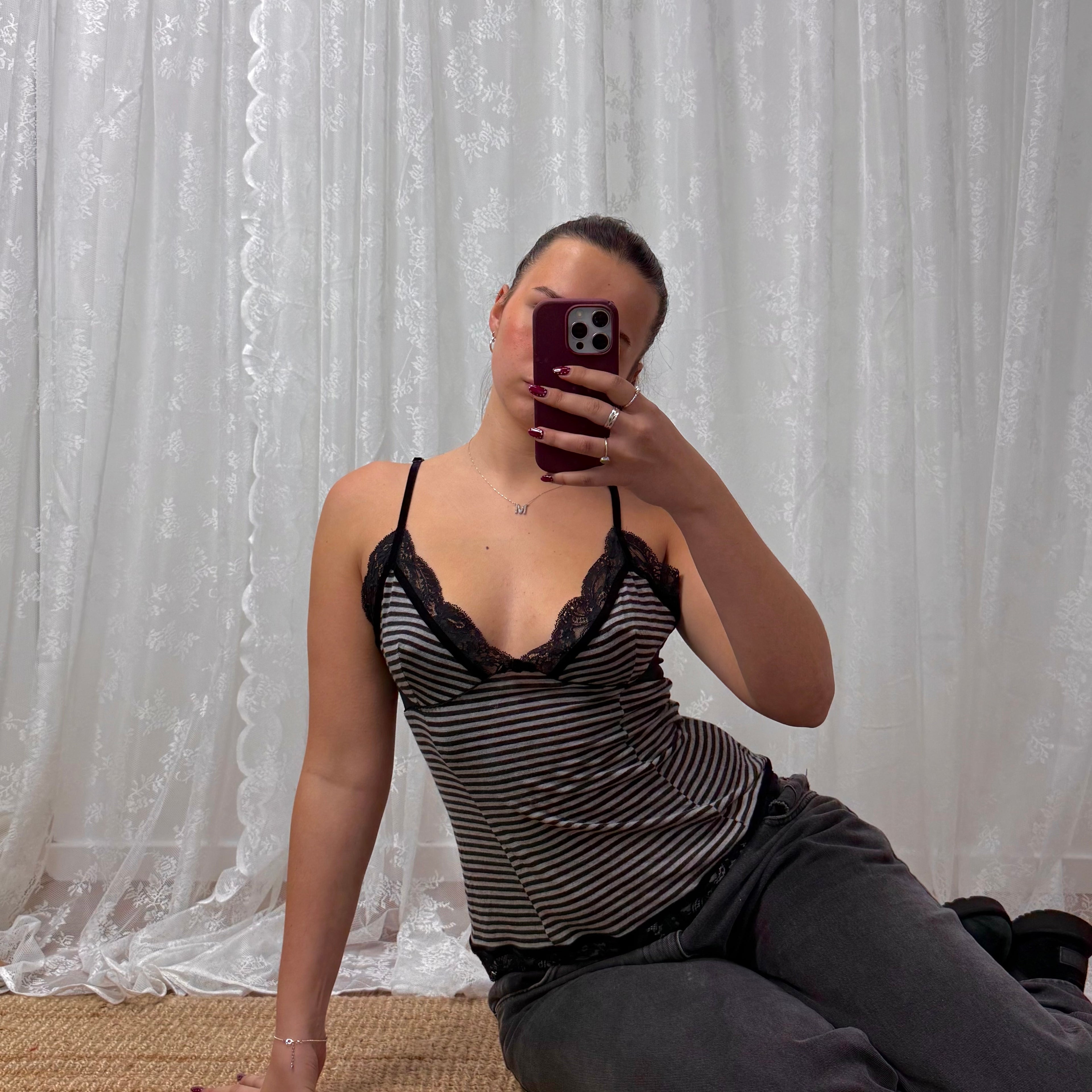 Grey and black striped lace cami top