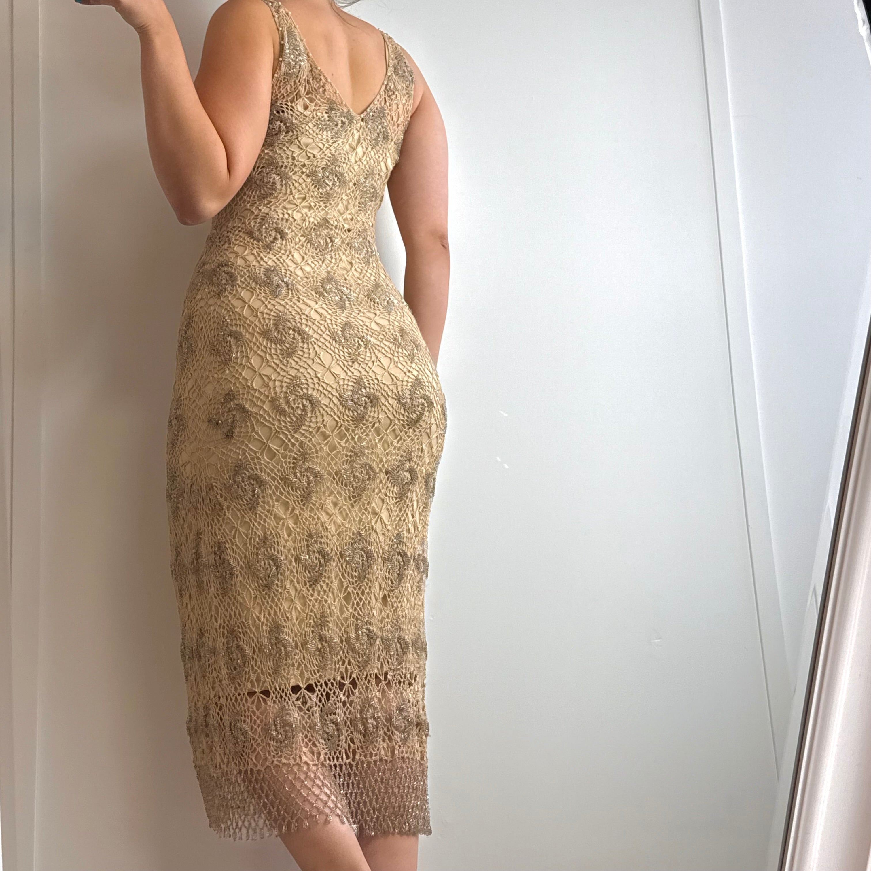 Beige crotchet fully beaded midi dress
