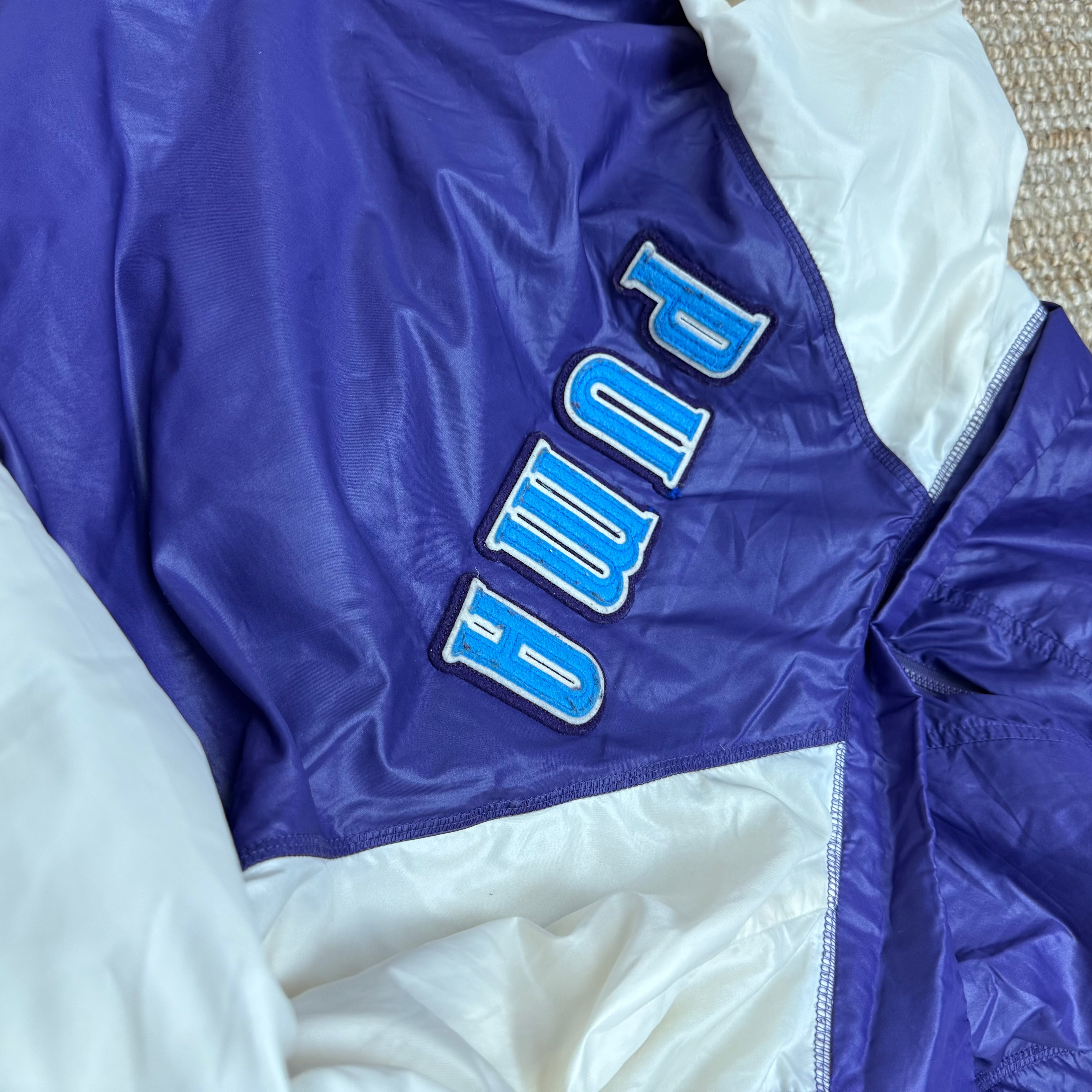 Purple and cream shiny bomber jacket