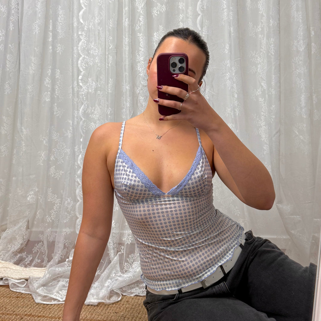 Light blue and white mesh patterned cami top