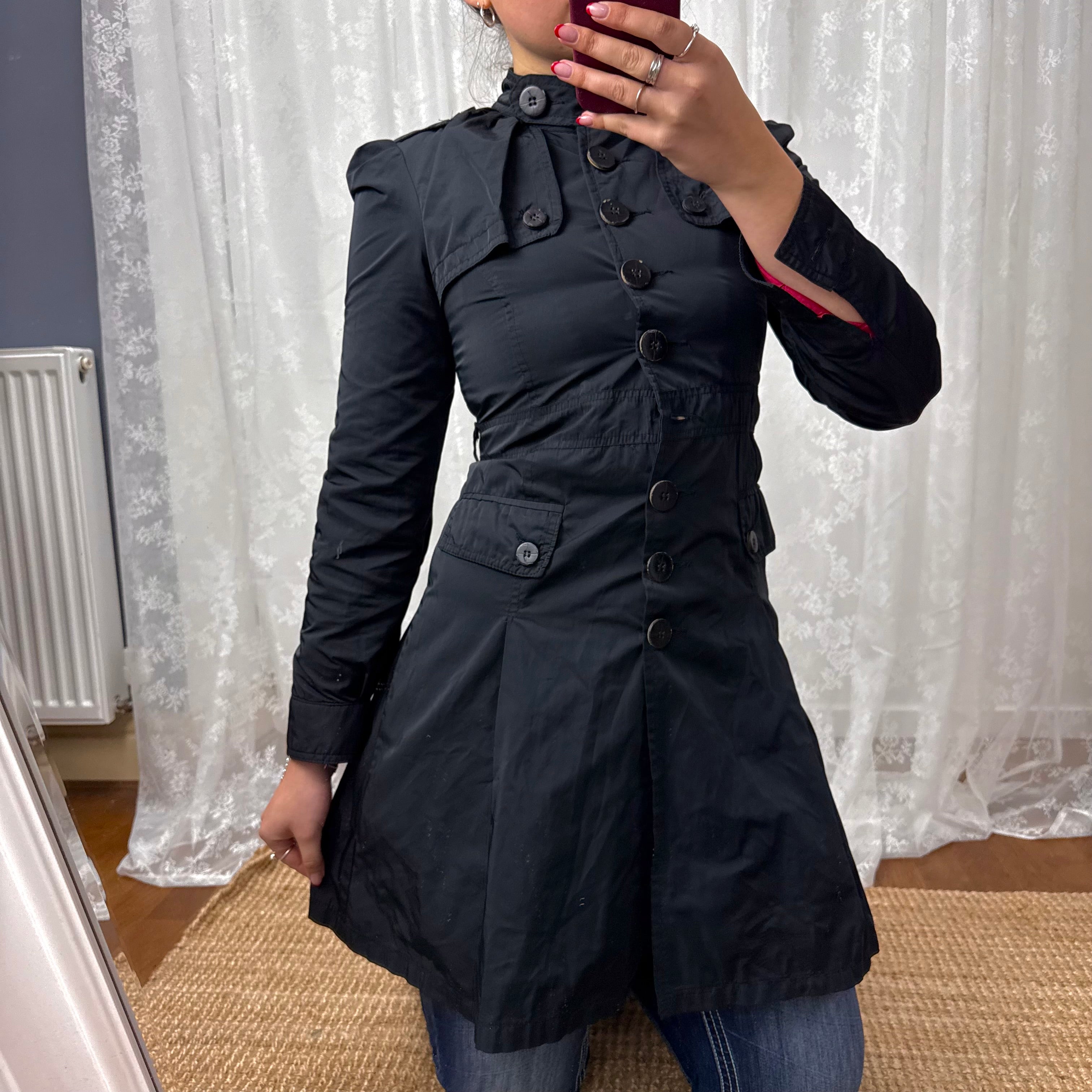 Black shiny Longlined button up jacket