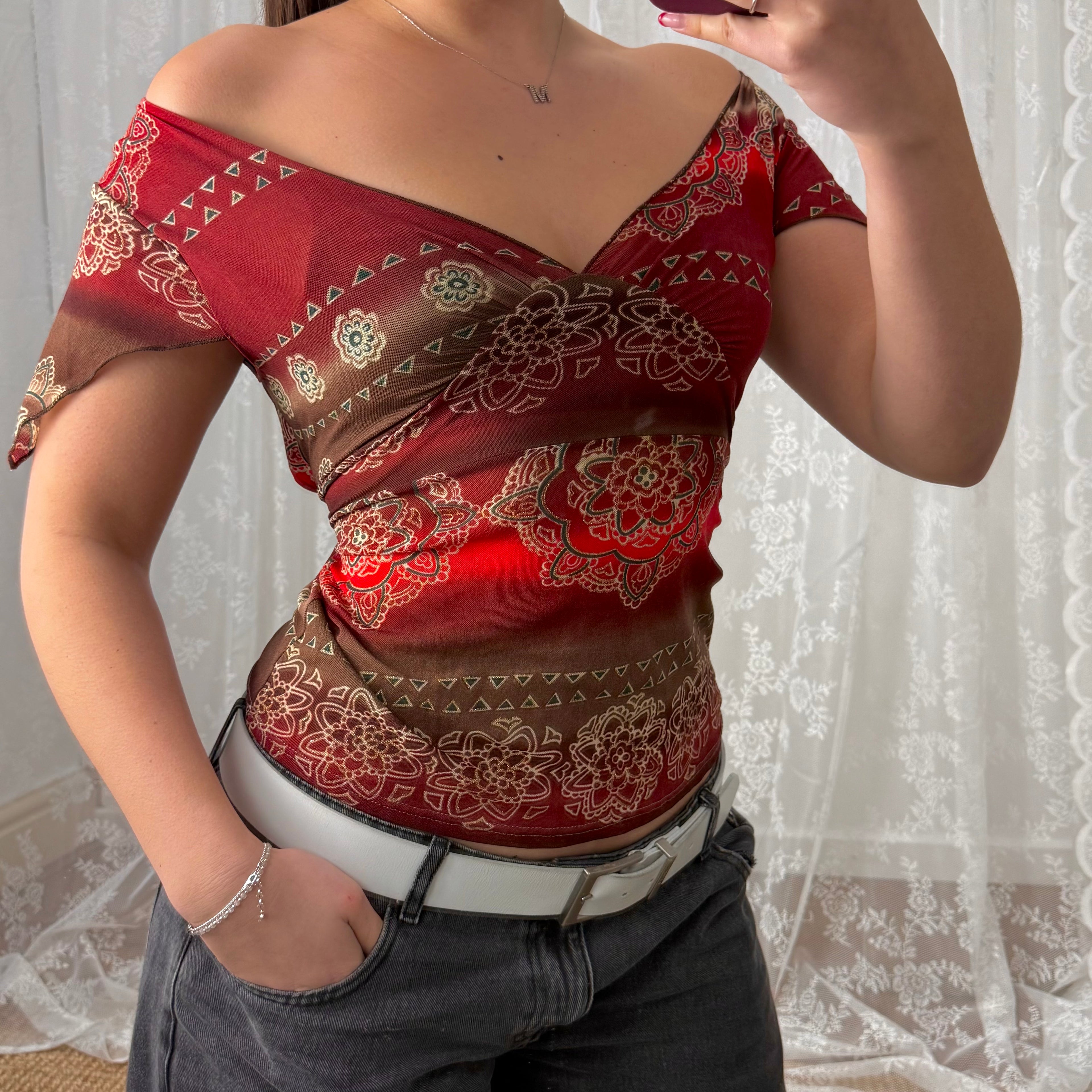 Red mesh glittery patterned top with tie back