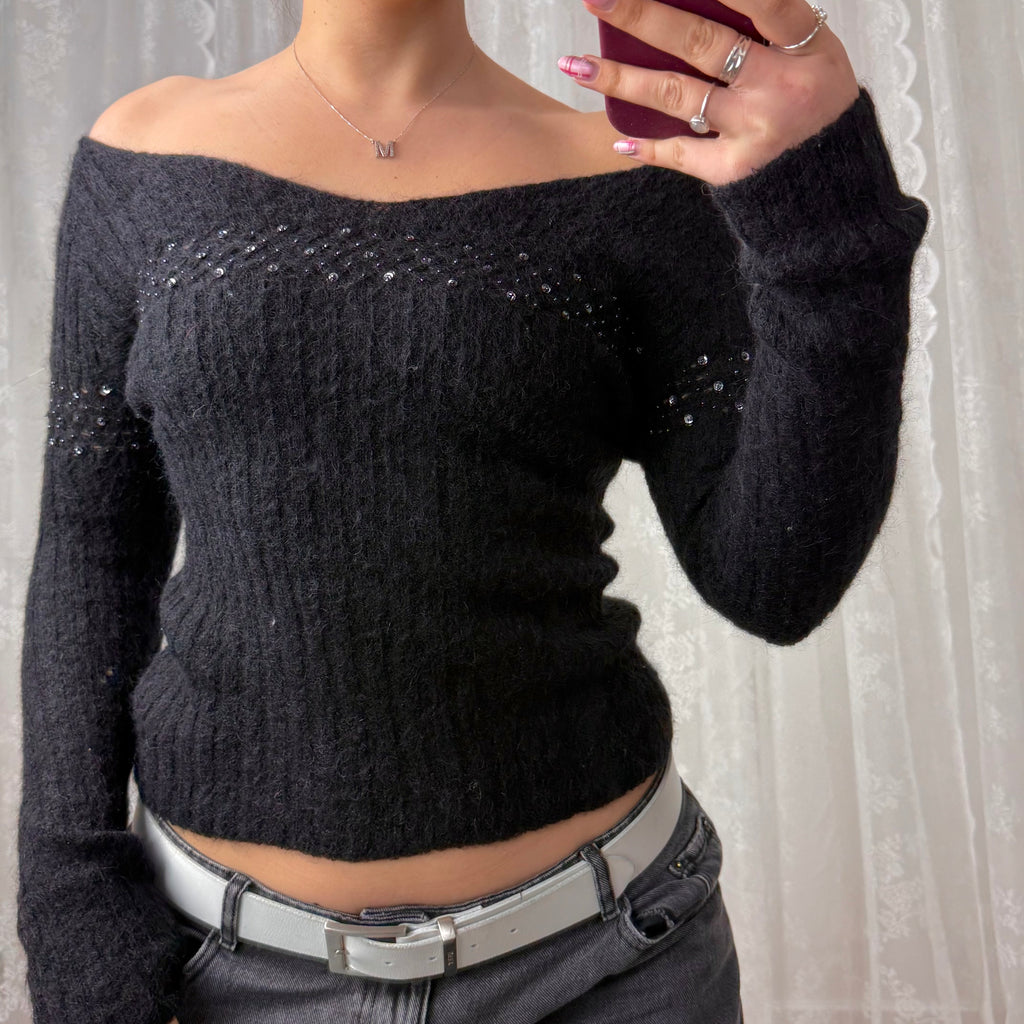 Black off the shoulder sequin sweater