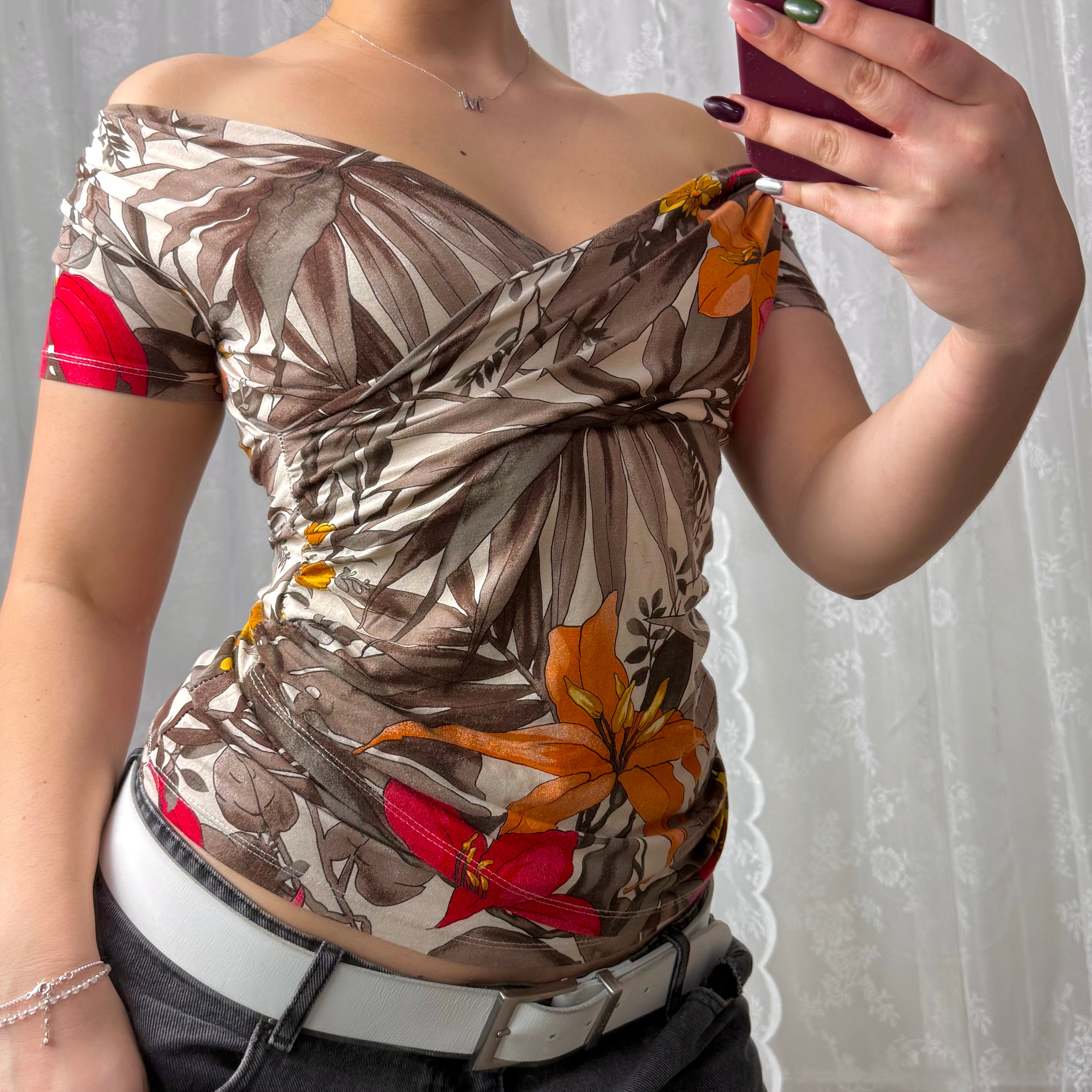 Multicoloured patterned wrap top