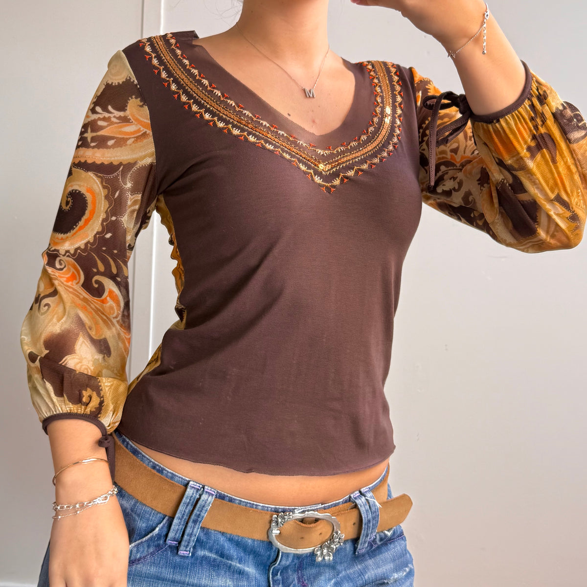 Brown mesh v neck long sleeved sequin top