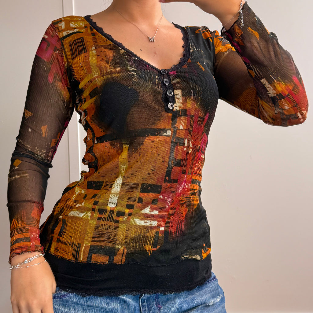 Black mesh layered long sleeved top