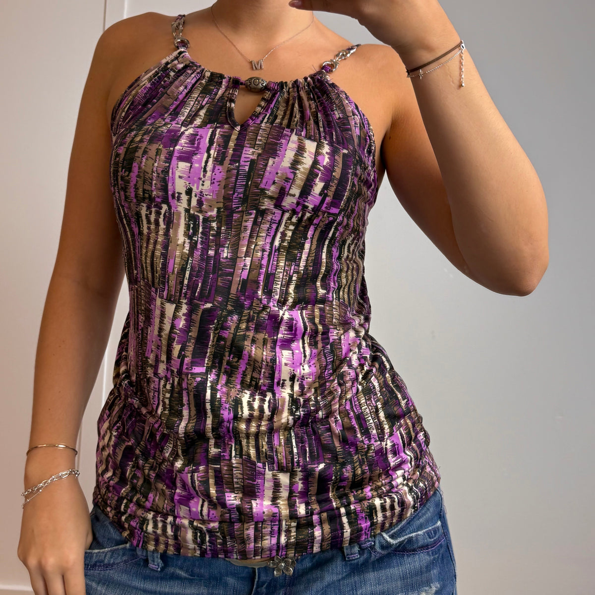 Purple patterned slinky cami top