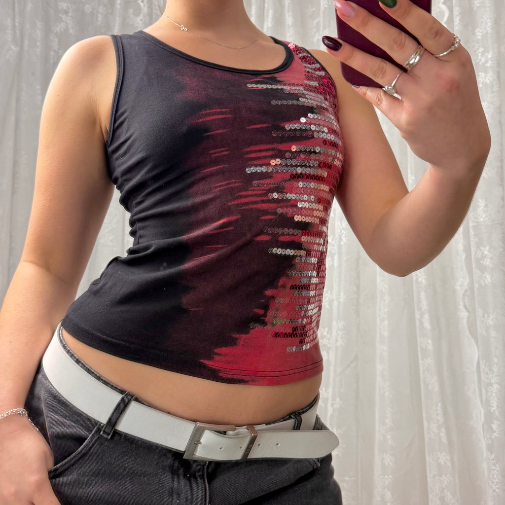 Black and red sequin tank top