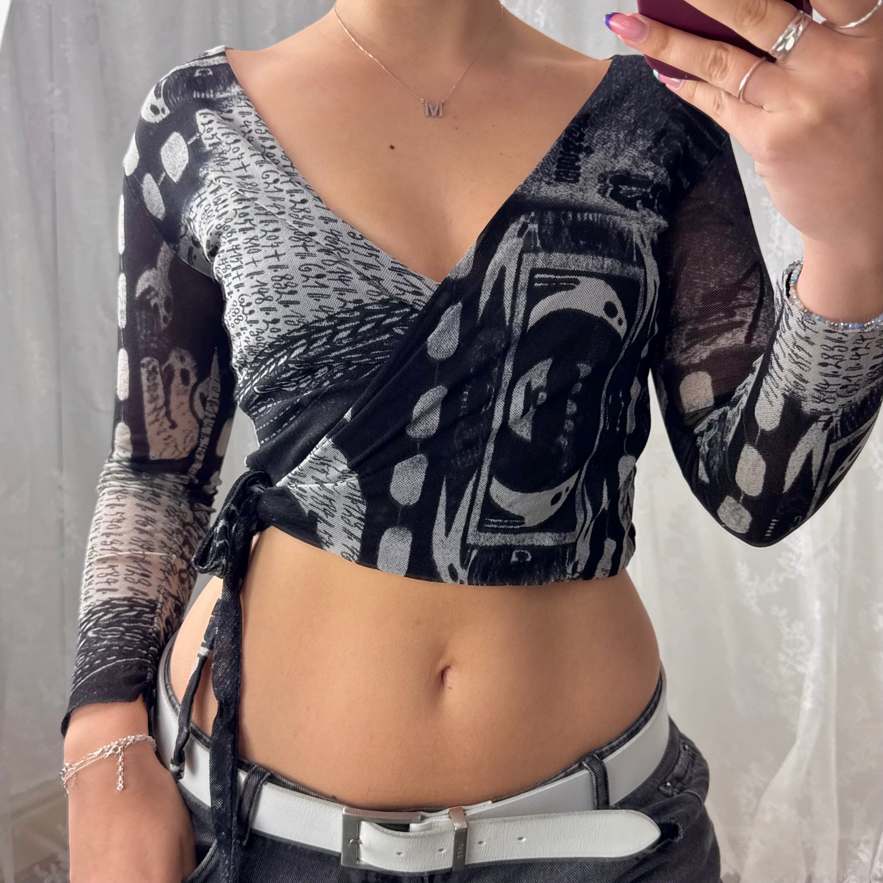 Grey and black graphic wrap around tie top