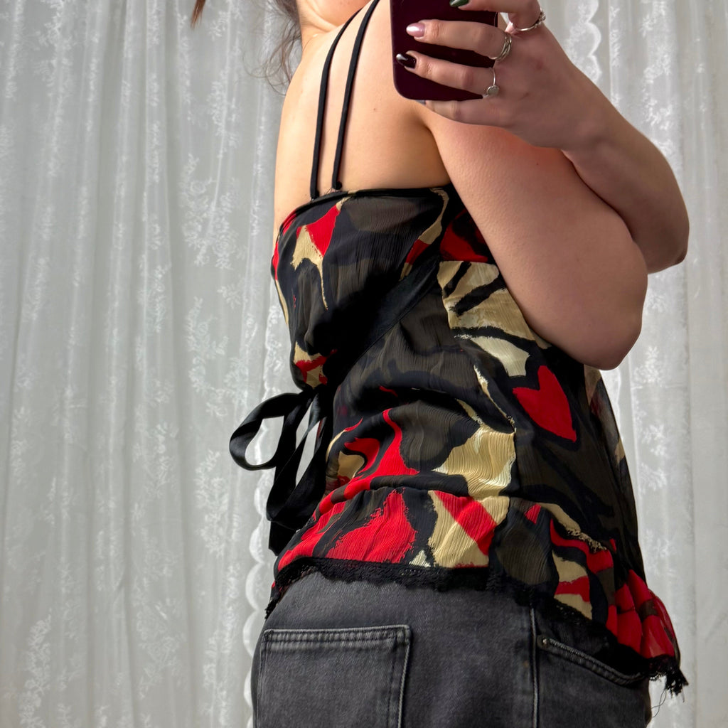 Red and black layered mesh cami top