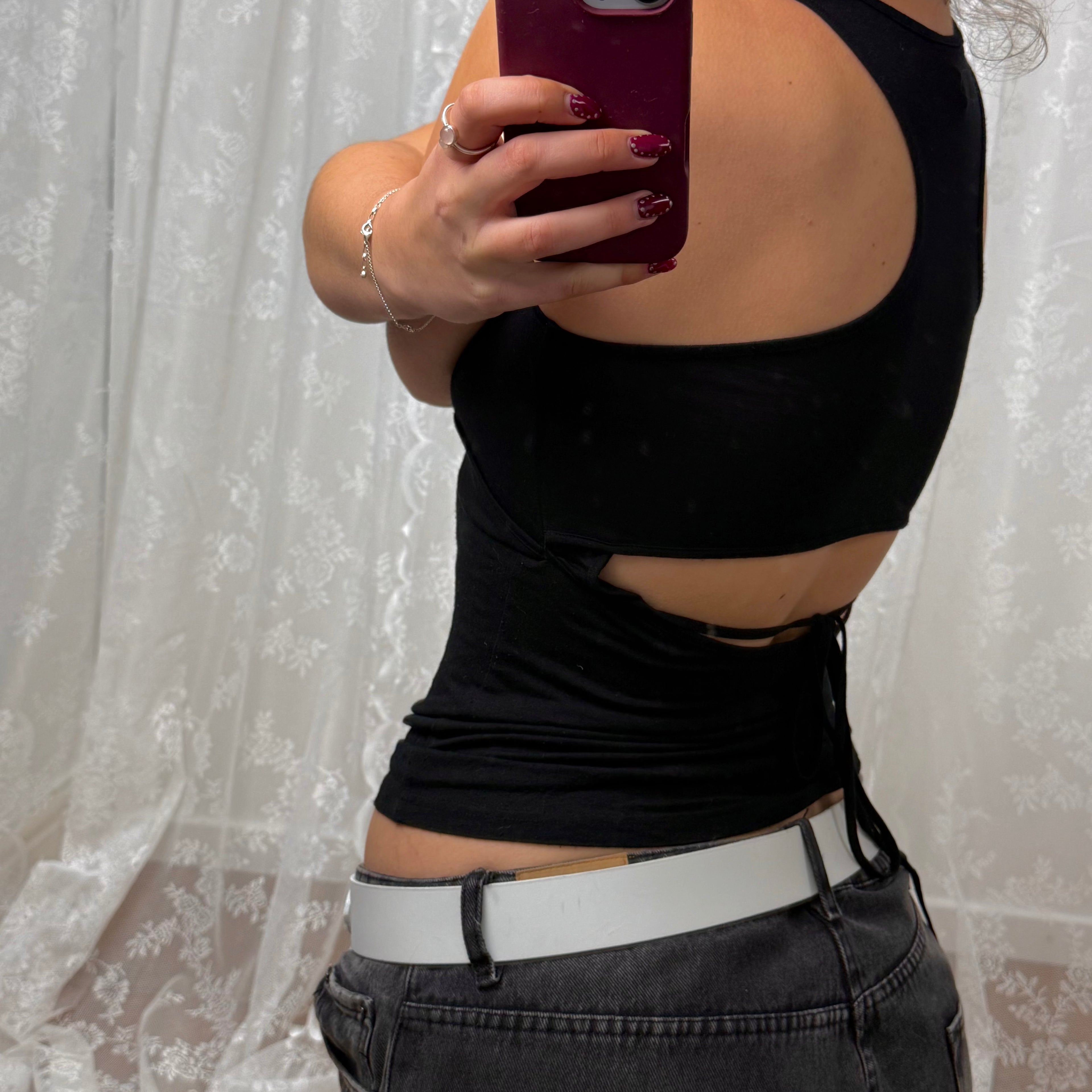 Black beaded cami top with tie back