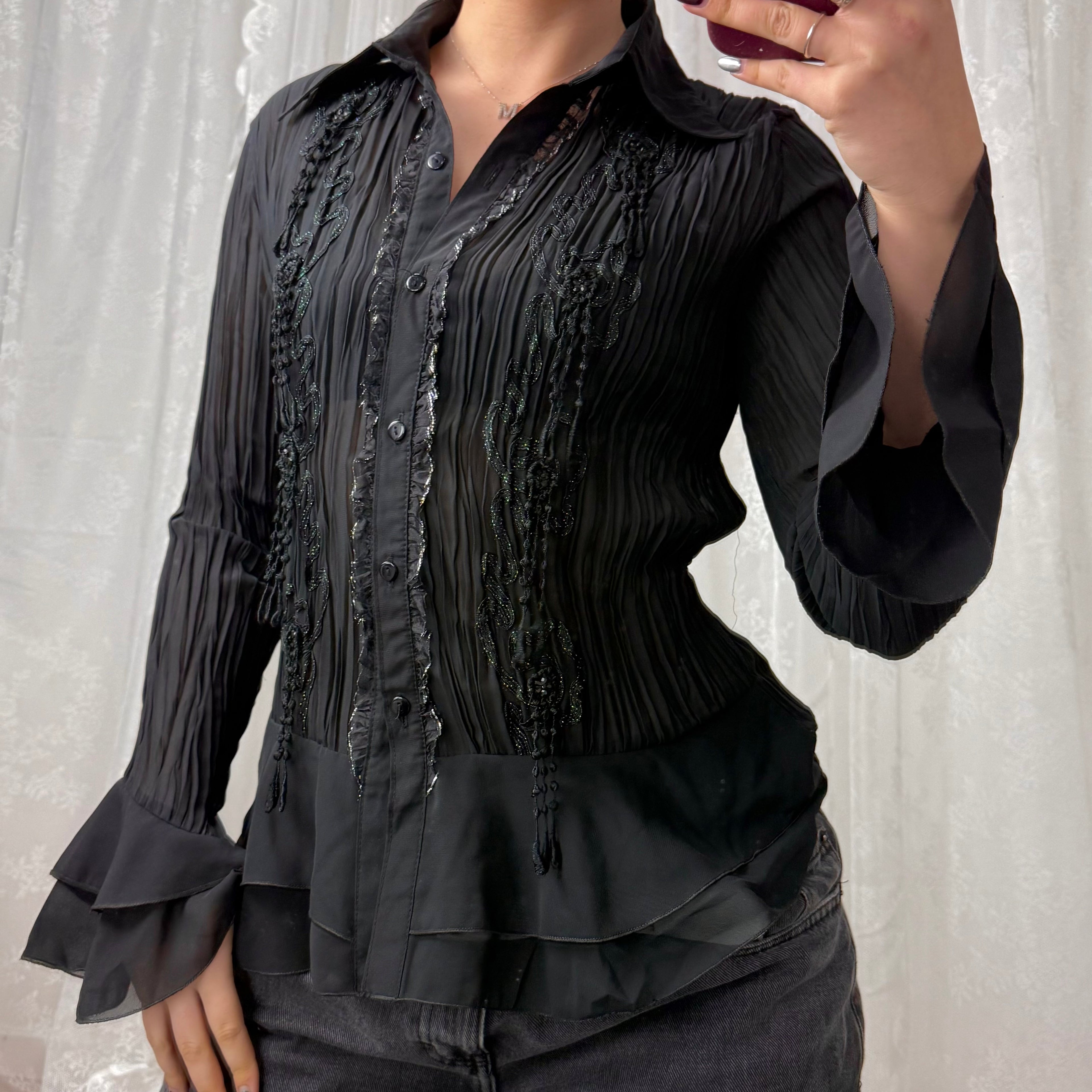 Black mesh shirt with green and black detailing