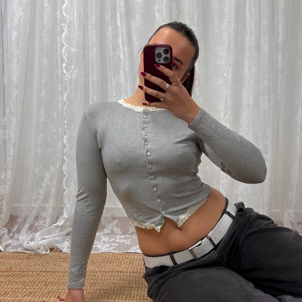 Grey vintage button up cardigan with white lace trim