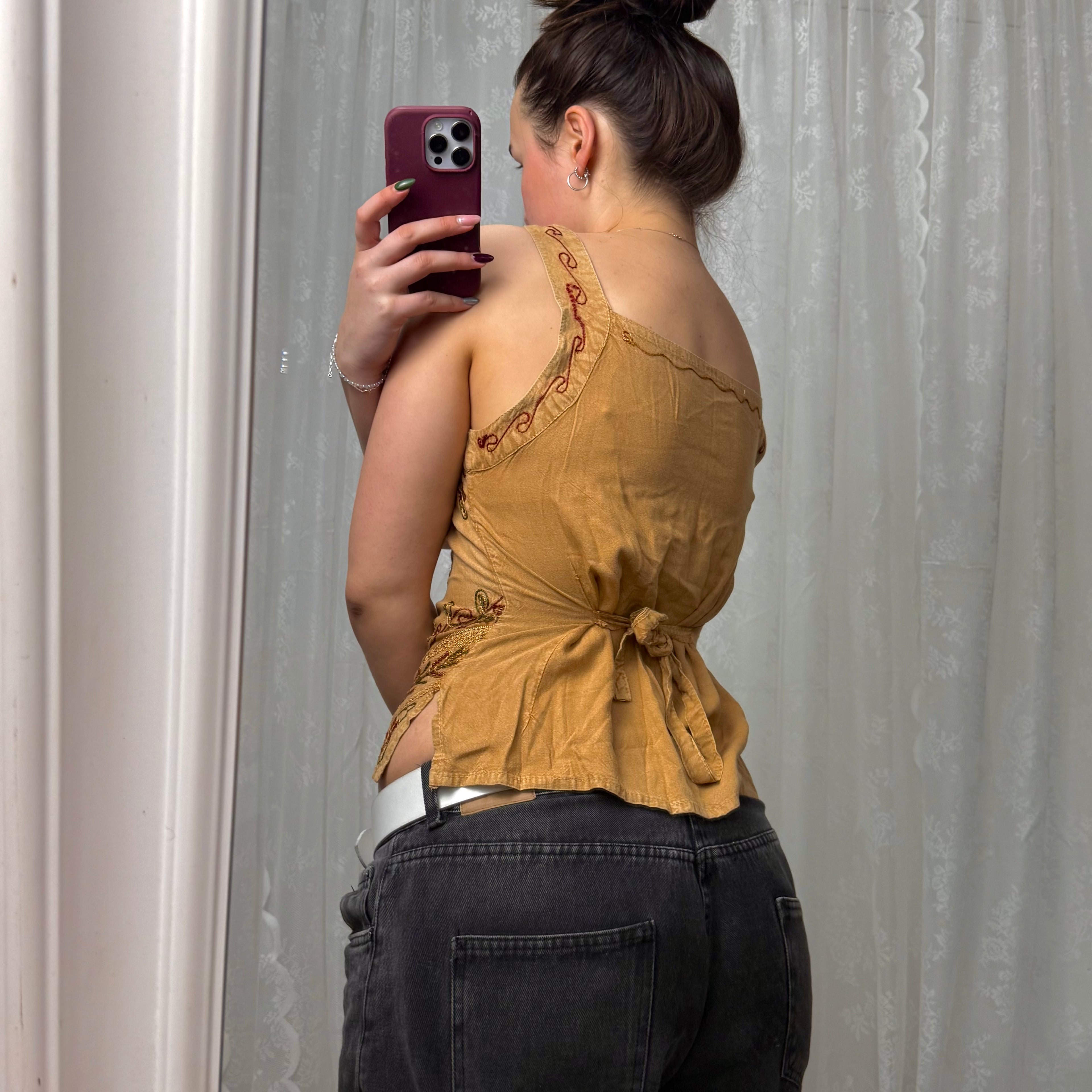 Beige embroided top with tie back