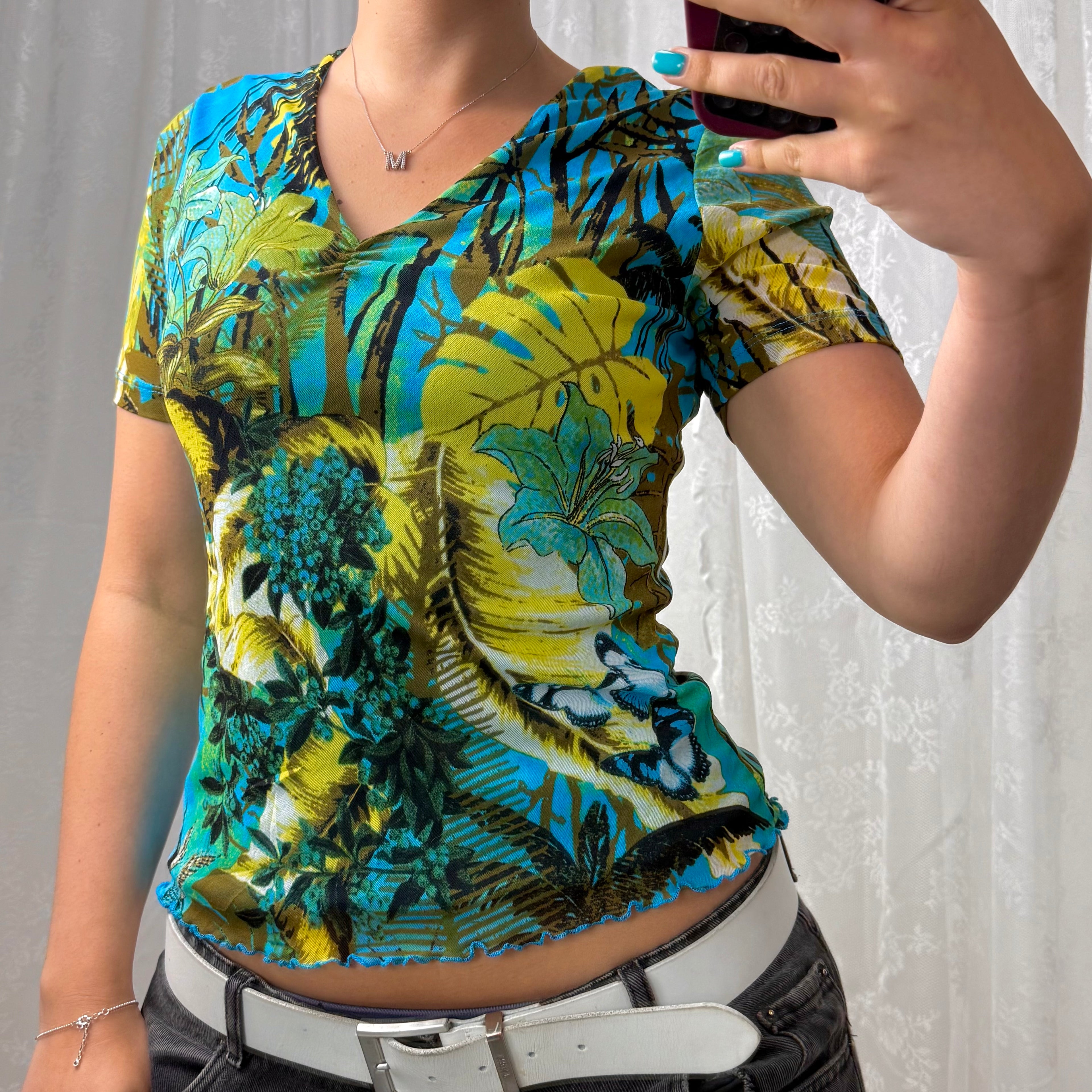 Blue mesh patterned top