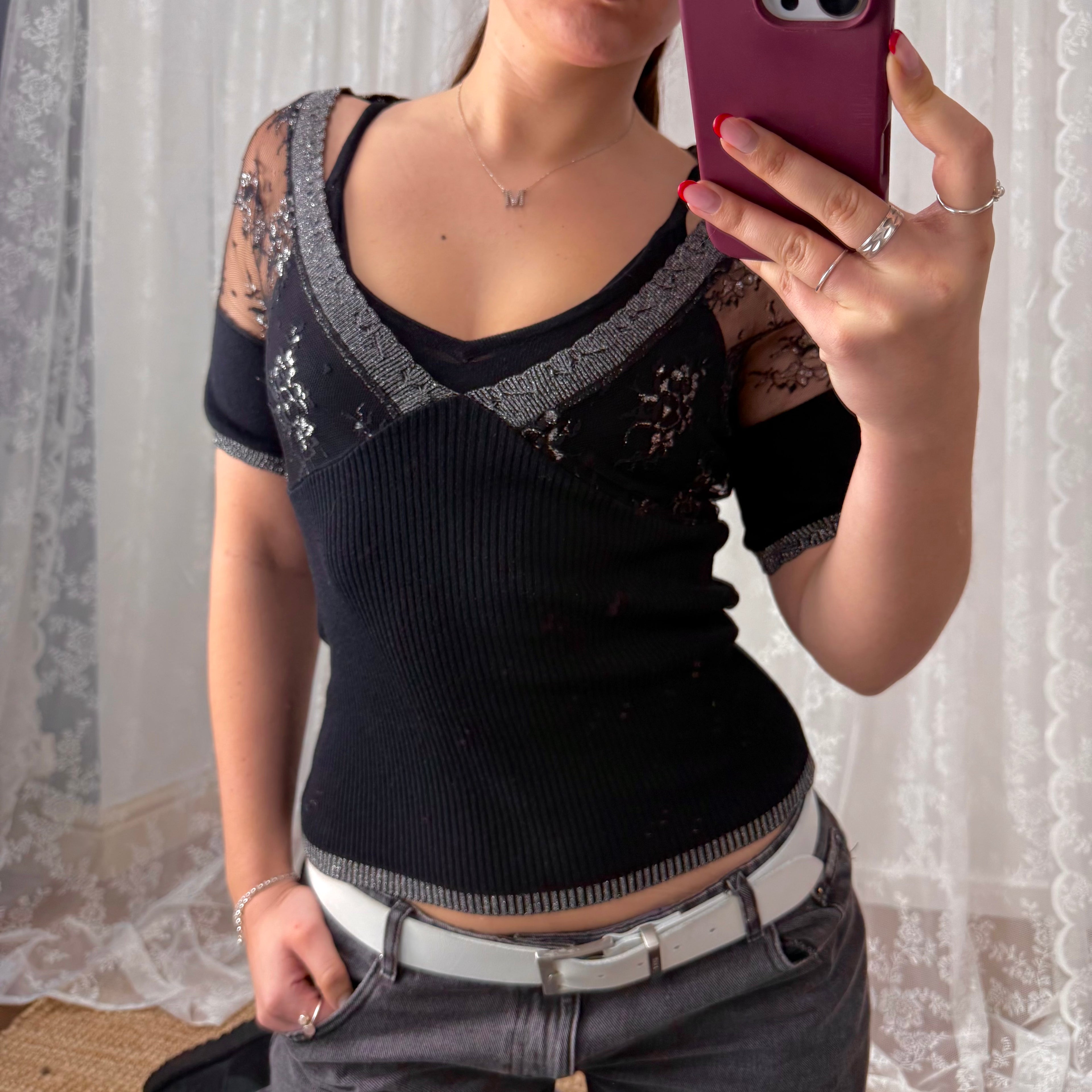 Black layered mesh glittery top