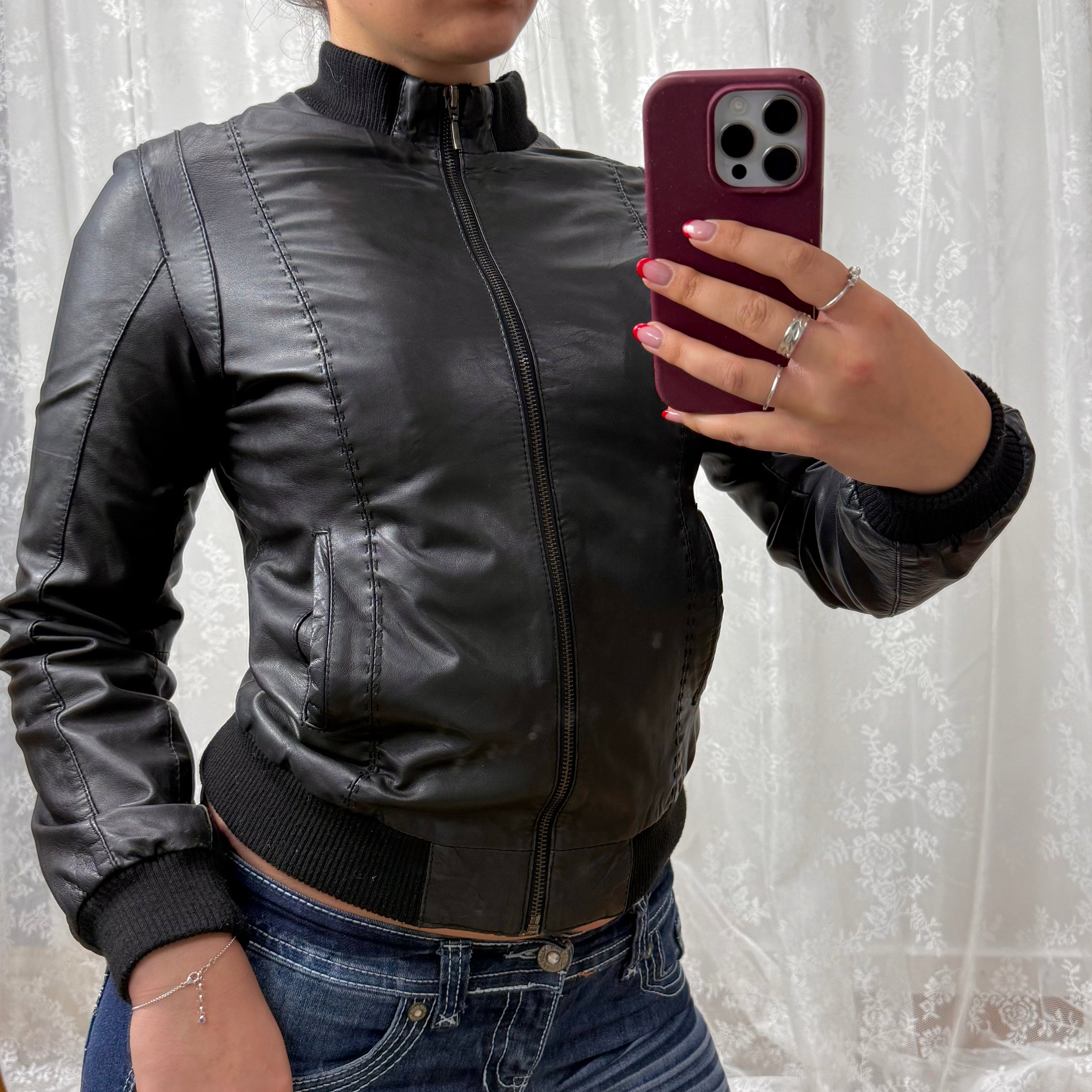 Black leather zip up bomber jacket
