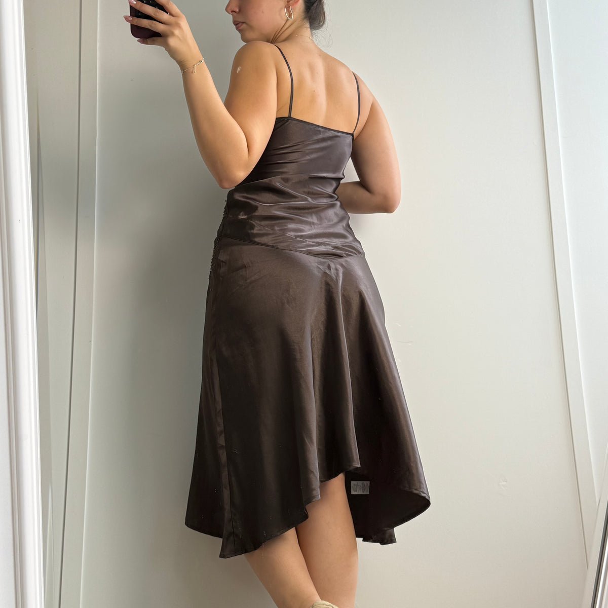Brown beaded satin midi dress