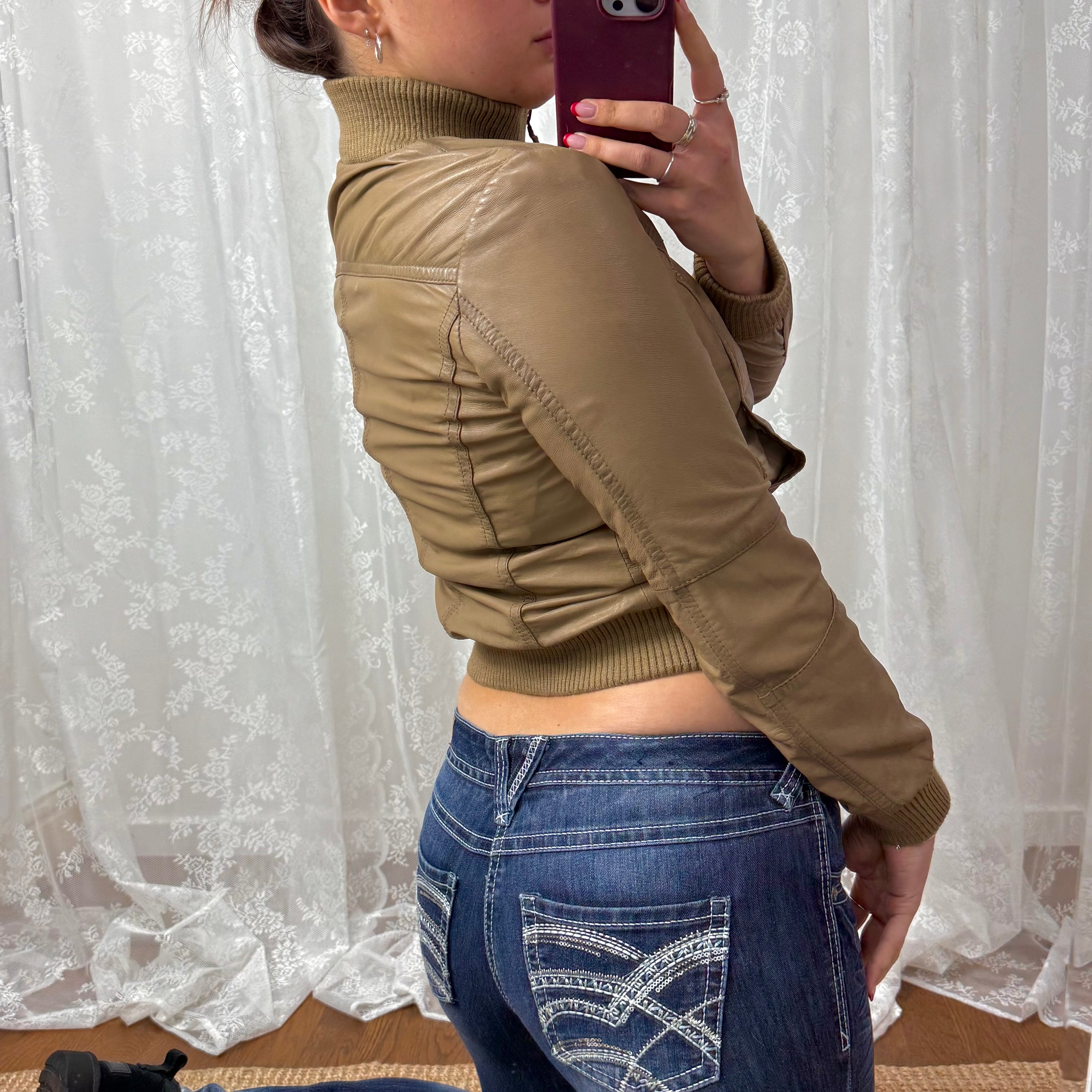 Beige leather bomber jacket