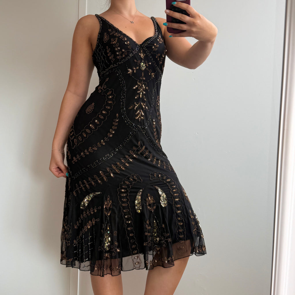 Black and brown fully beaded dress