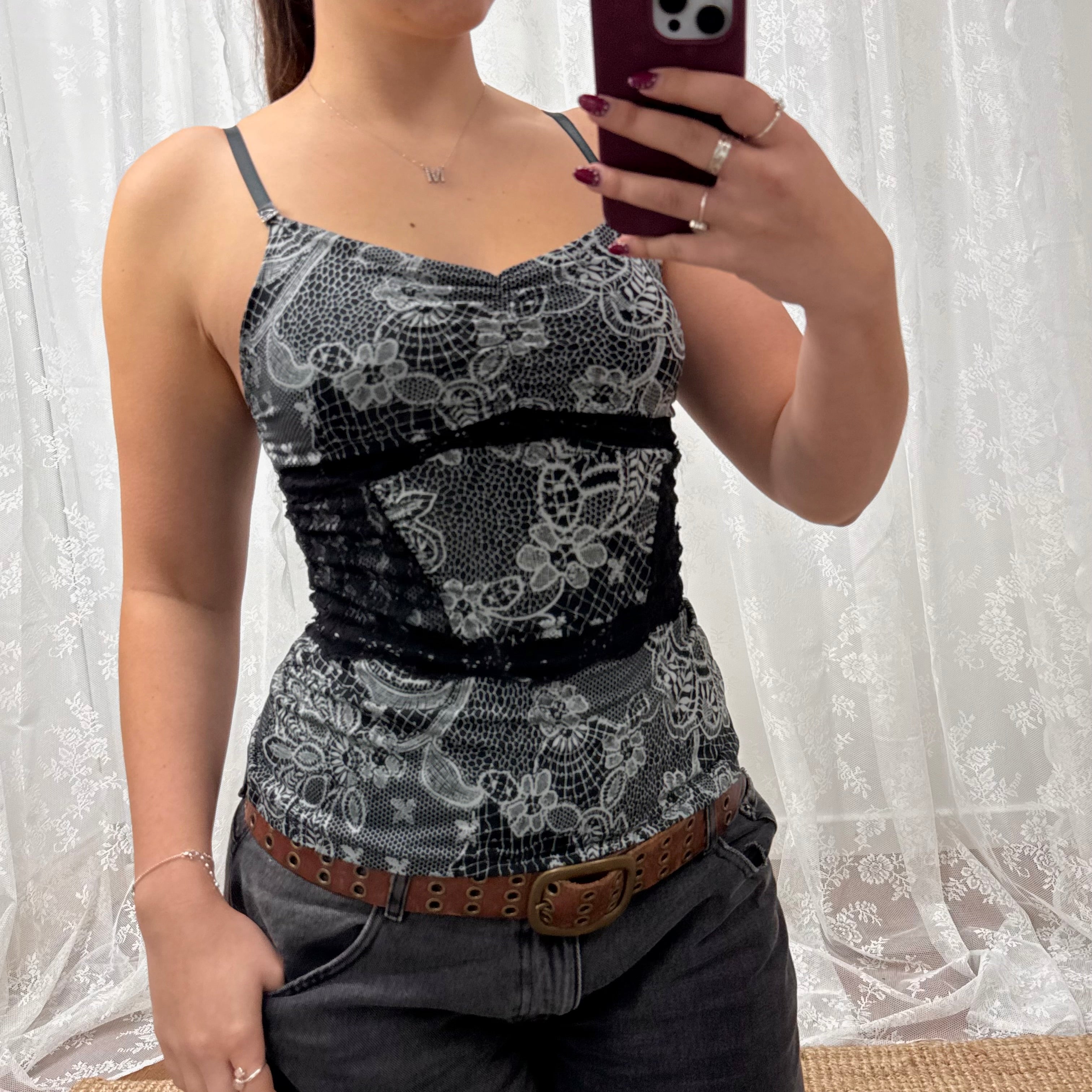 Black and white slinky lace cami top