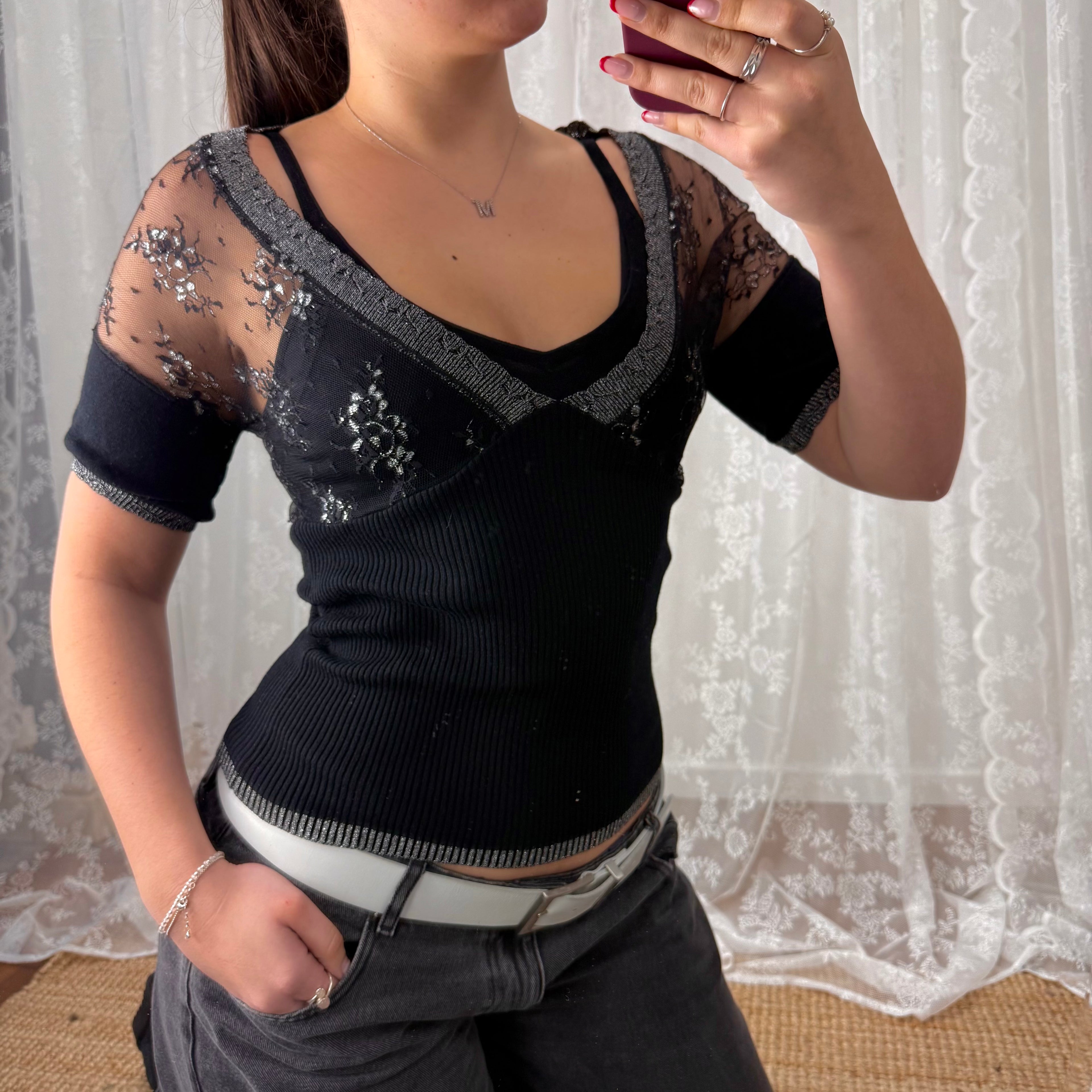 Black layered mesh glittery top