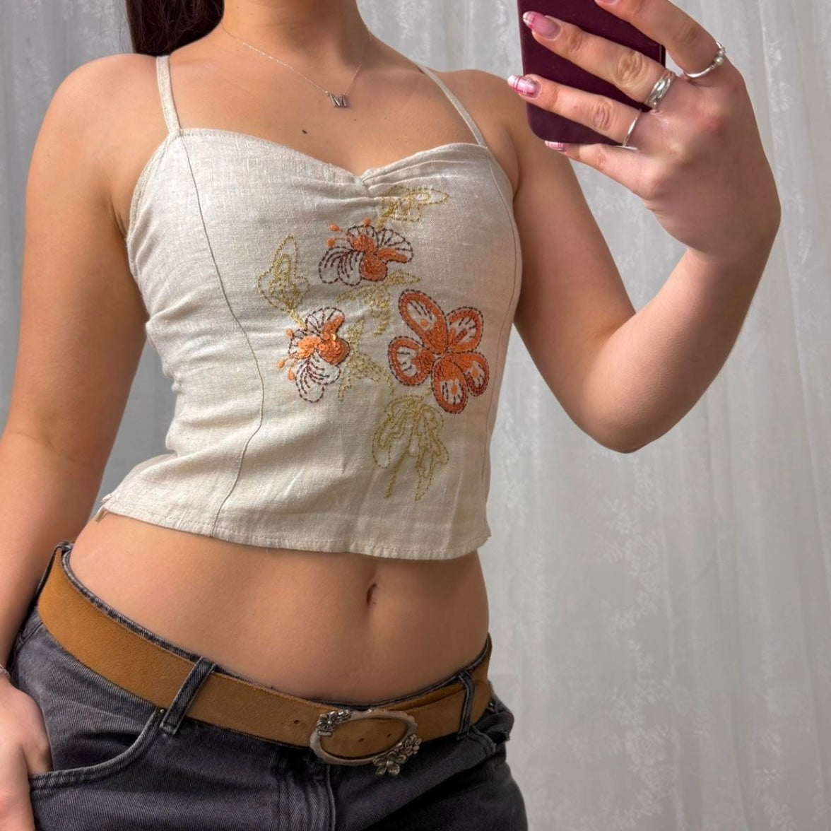 Beige embodied linen style top