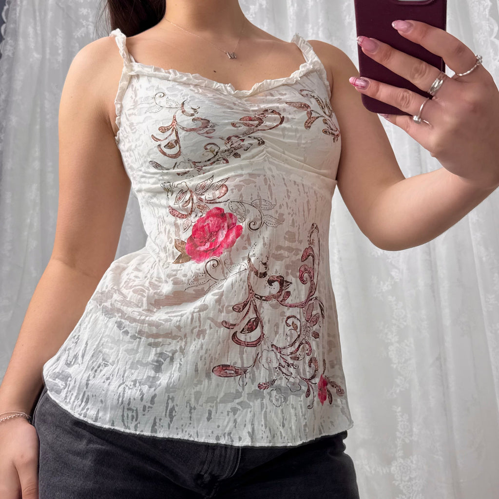 White patterned ruffle cami top with patterned detail