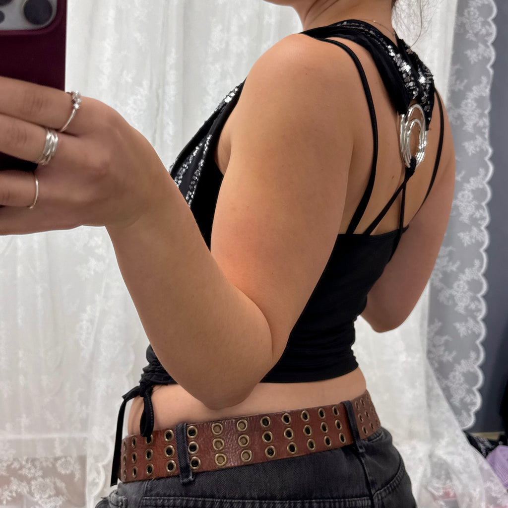 Black double layered glittery cowl neck top with tie around detail