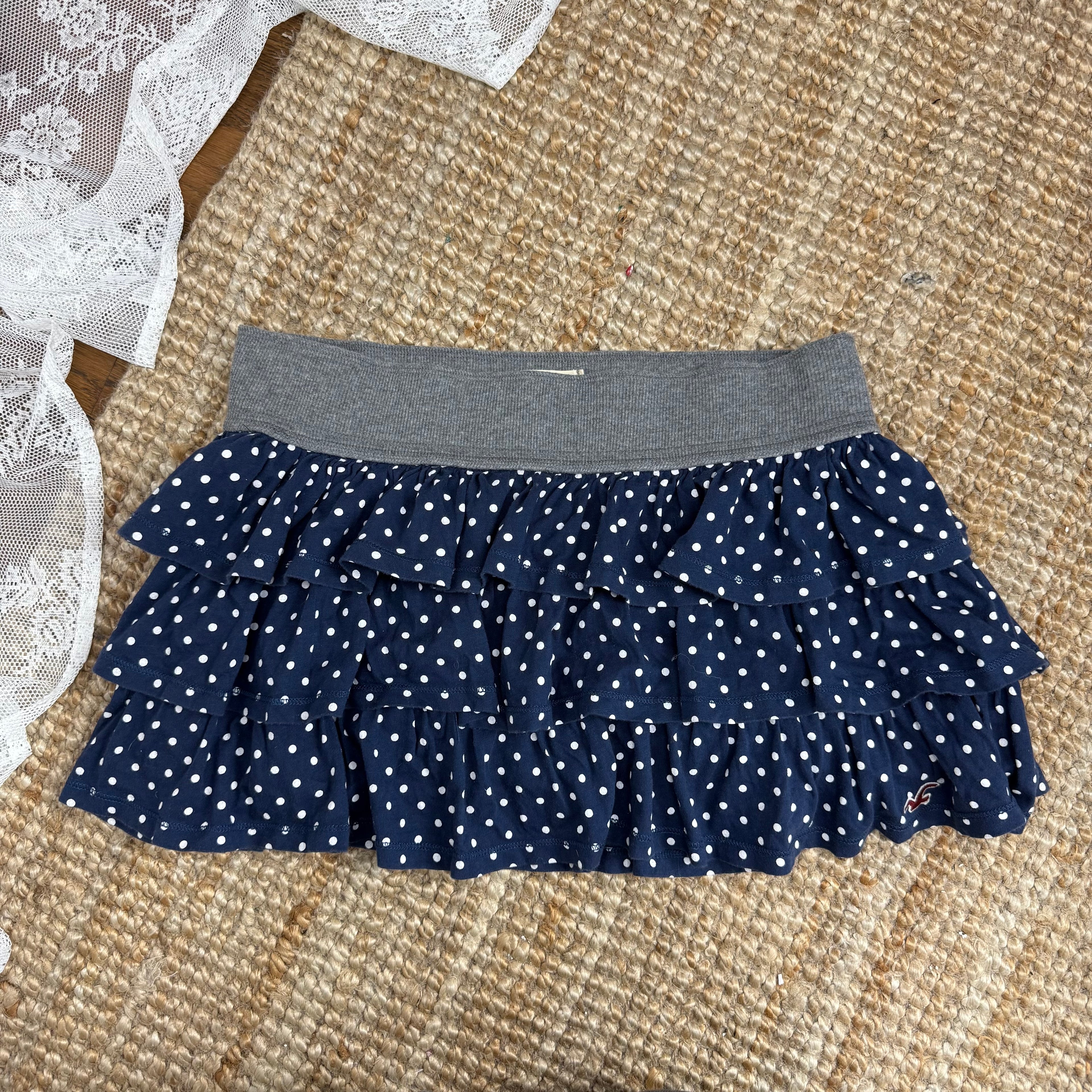 Blue and white polka dot ruffle skirt
