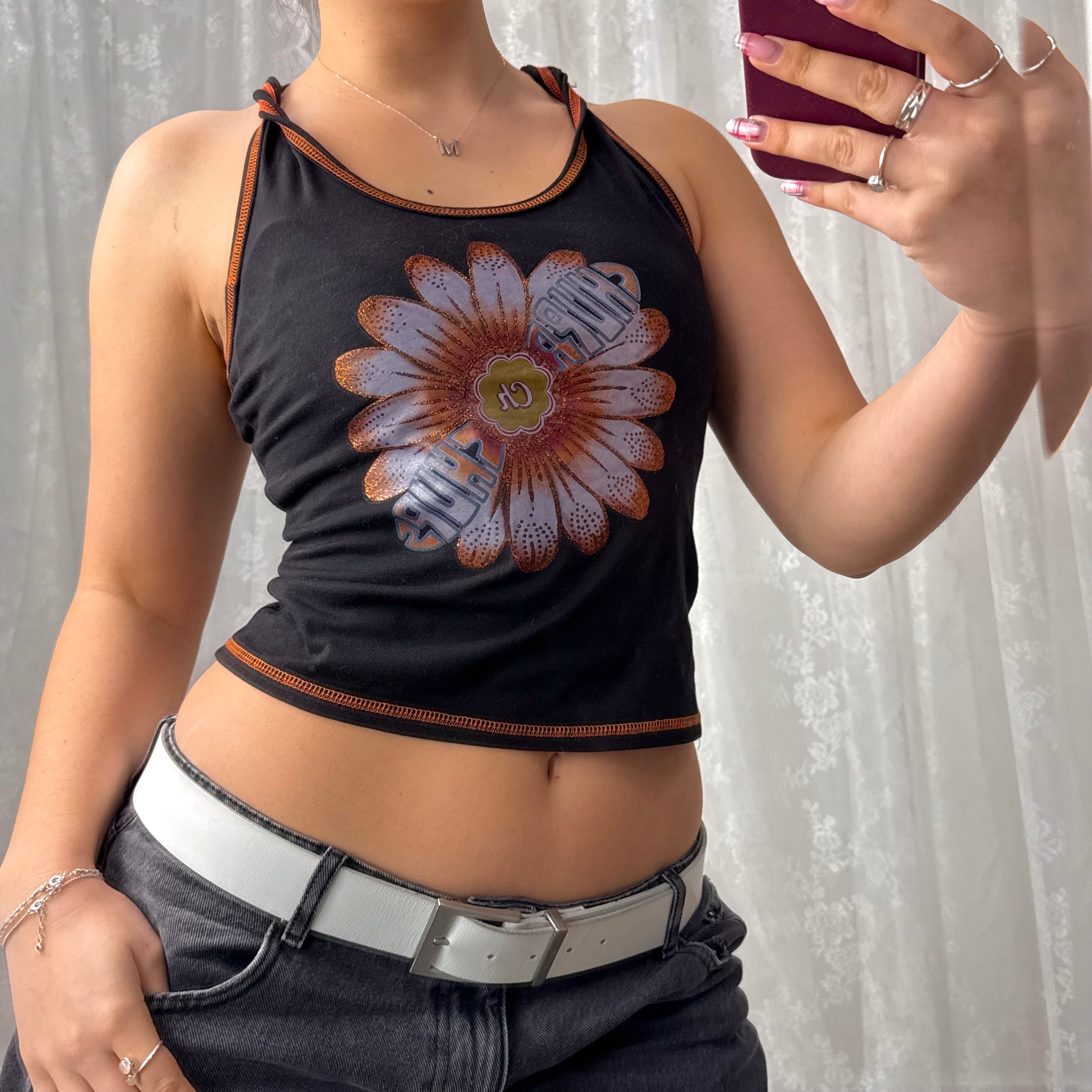Black and orange glittery tank top