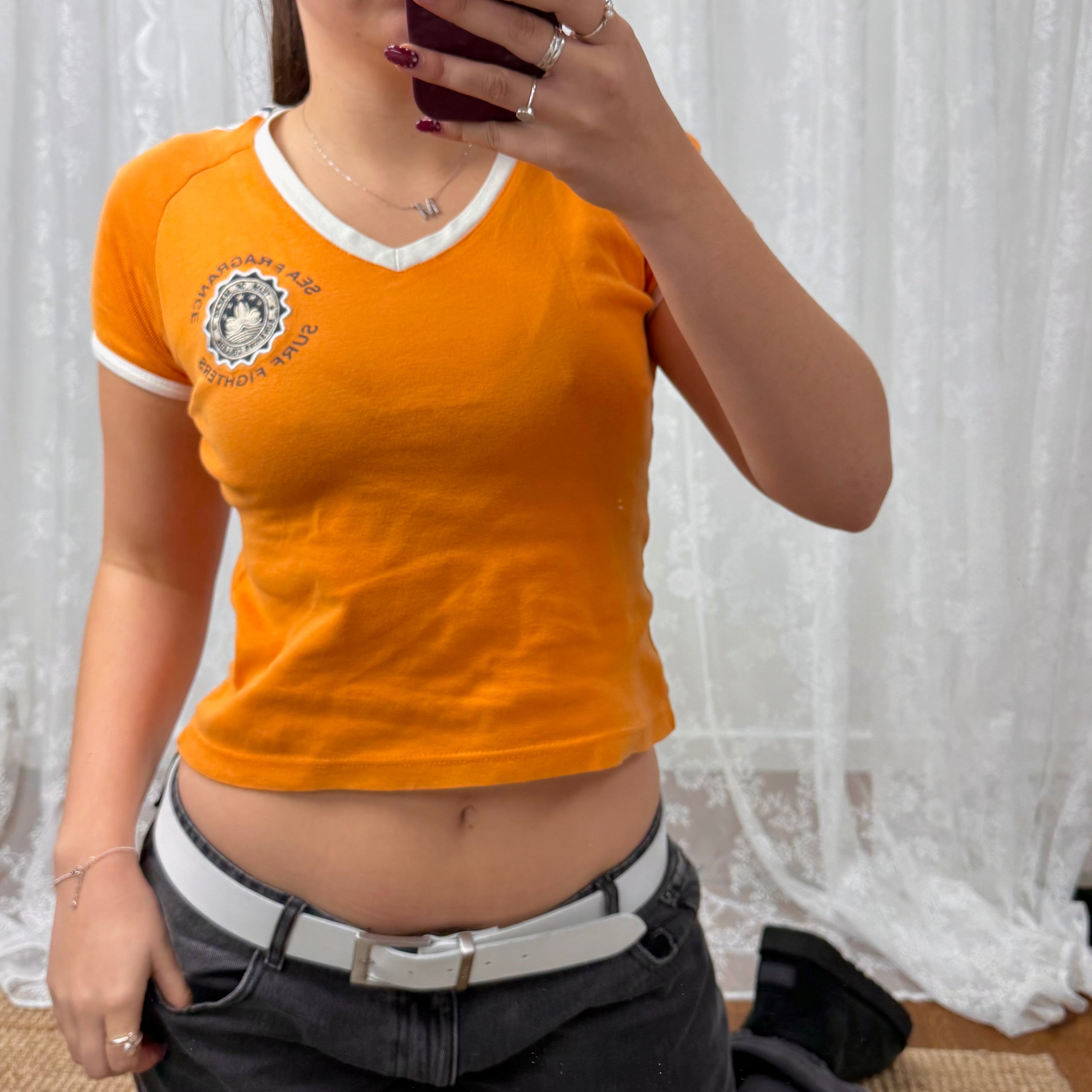 Orange and white v neck baby tee