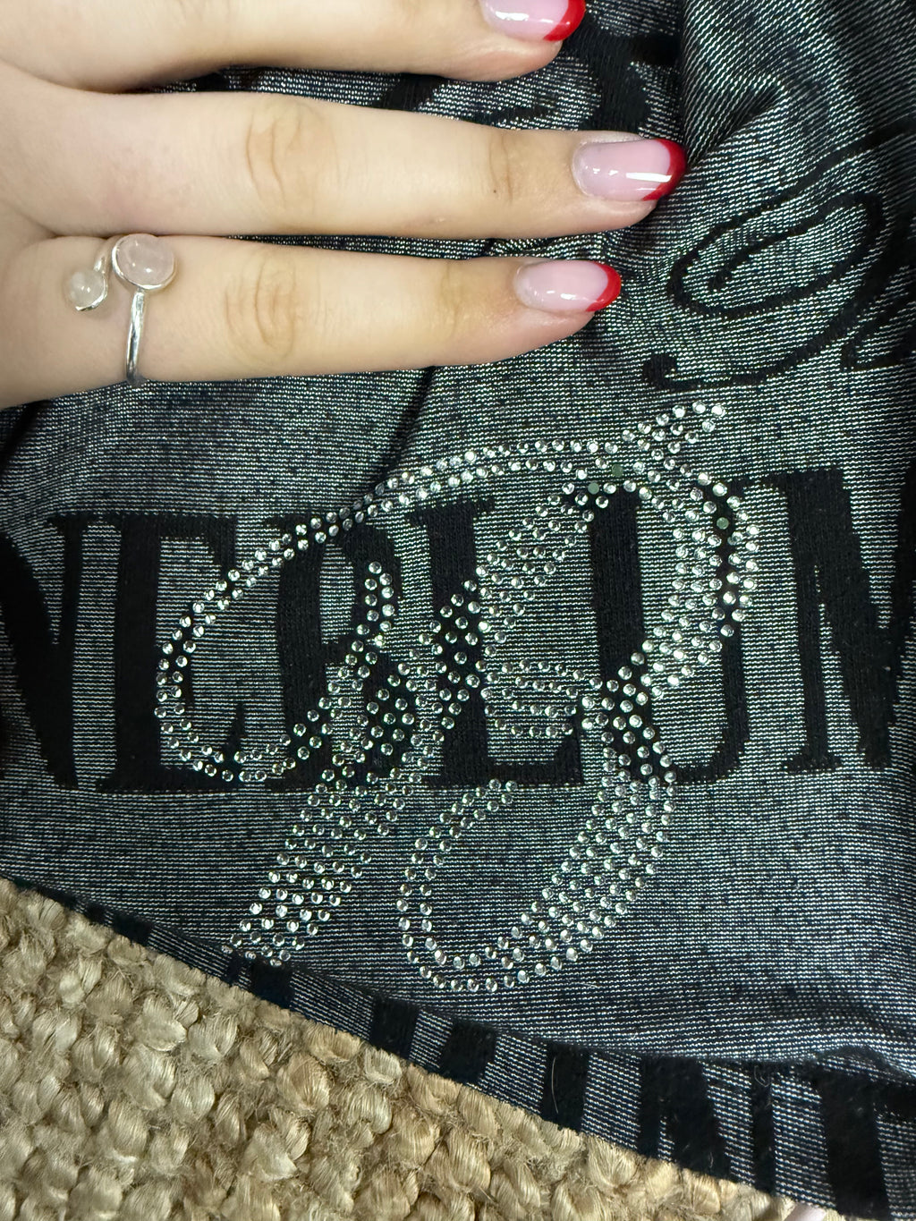 Grey and black logo mini dress with rhinestones
