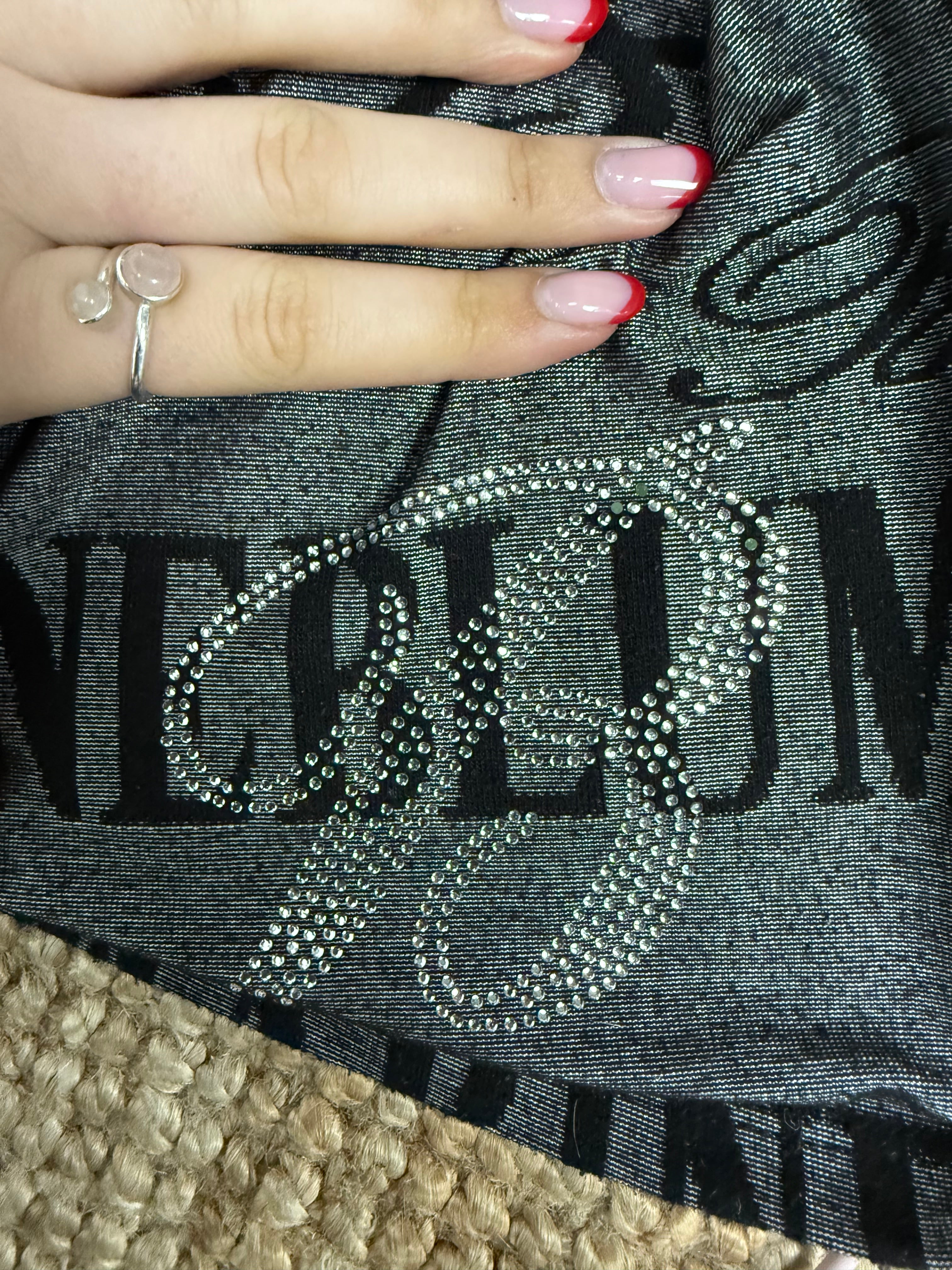 Grey and black logo mini dress with rhinestones