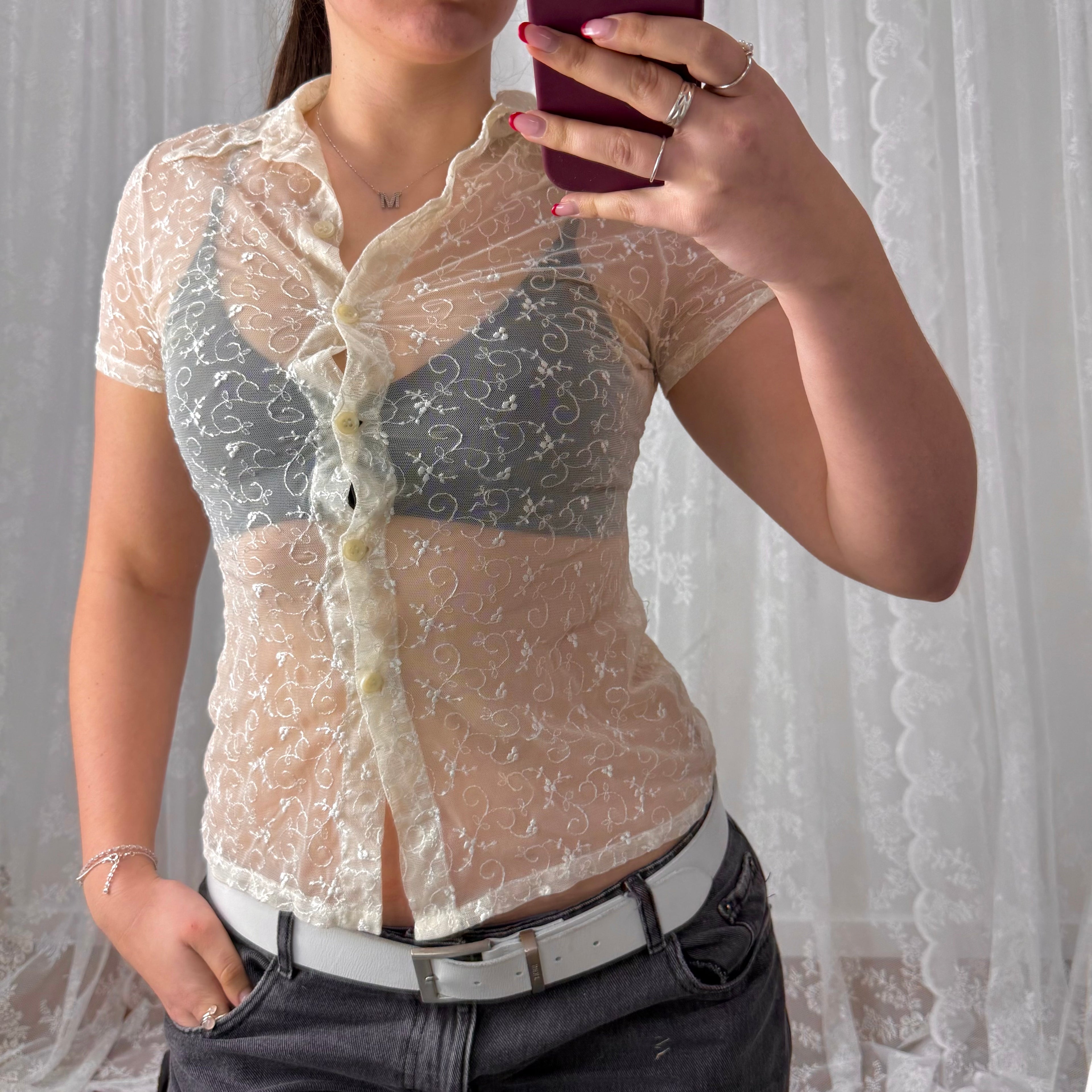 Cream mesh embroided shirt