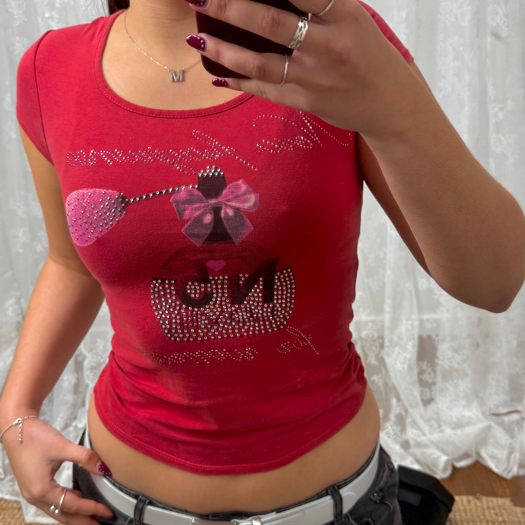 Pink y2k perfume baby tee with rhinestone detailing