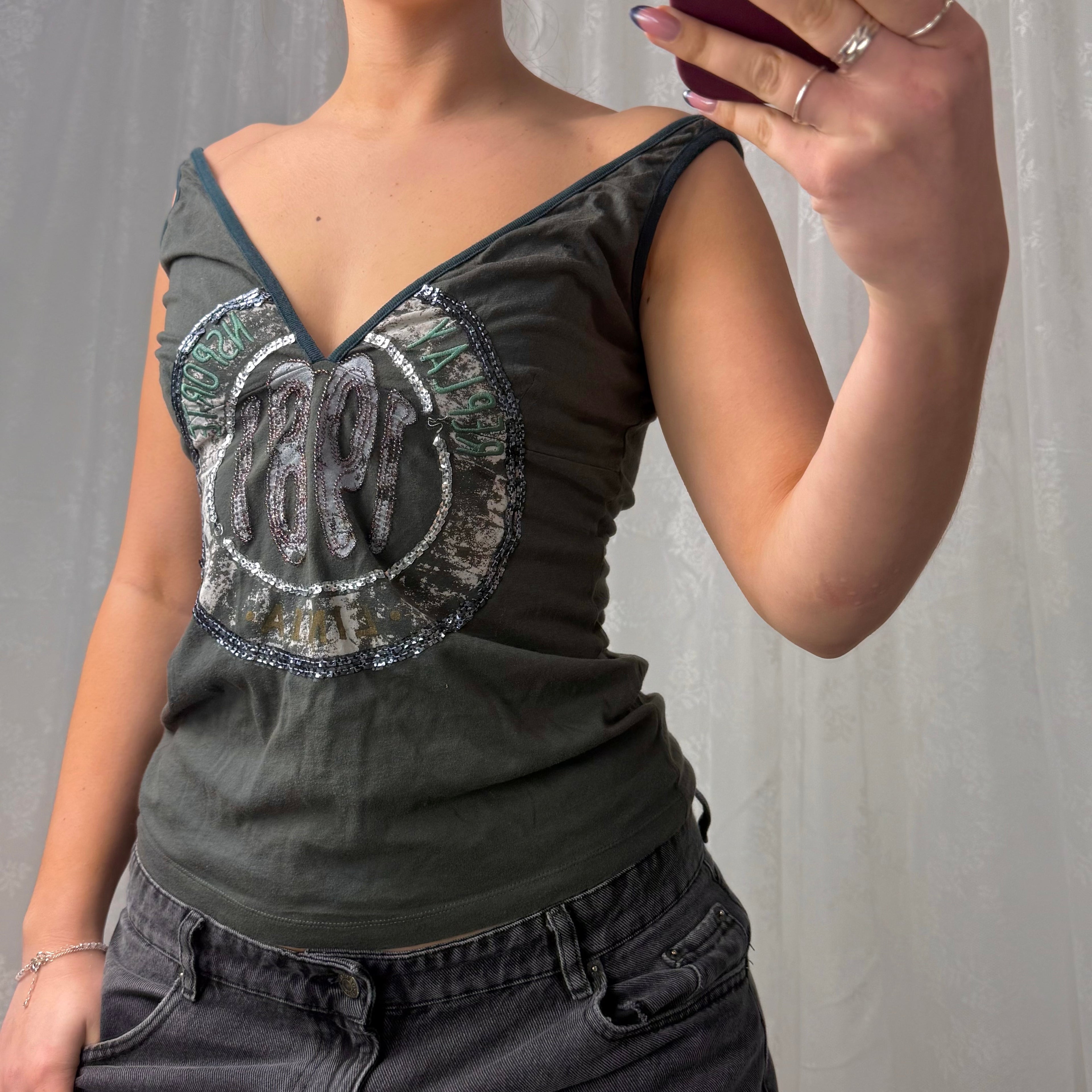 Green sequin off the shoulder top