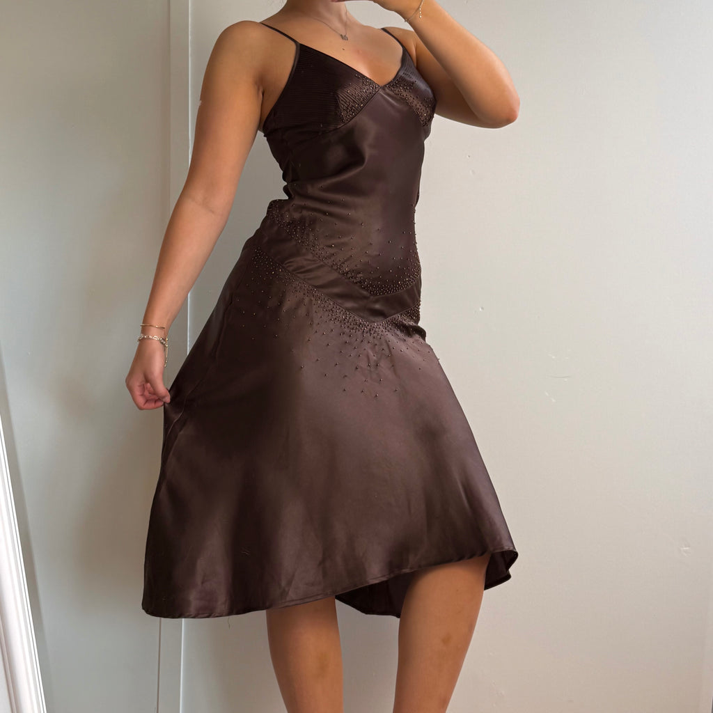 Brown beaded satin midi dress