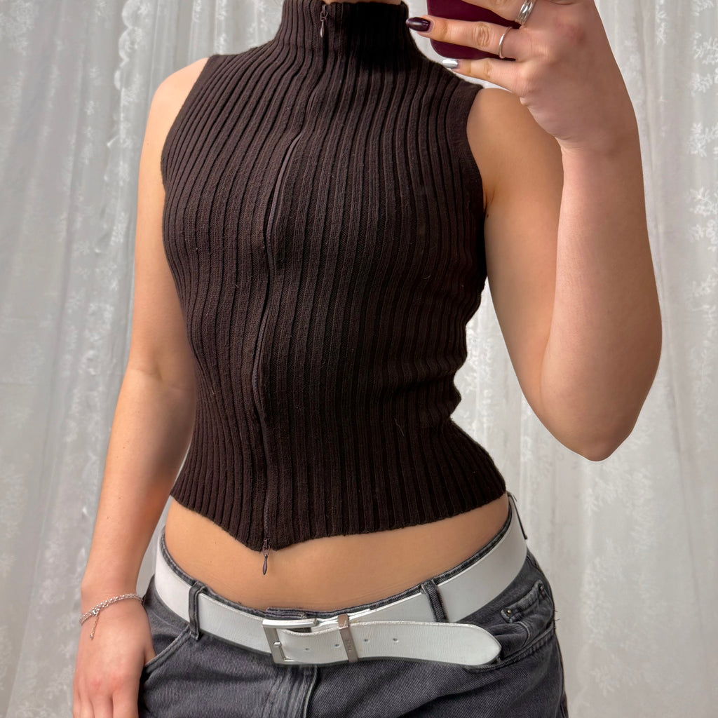 Brown double zip wool blend sleeveless sweater