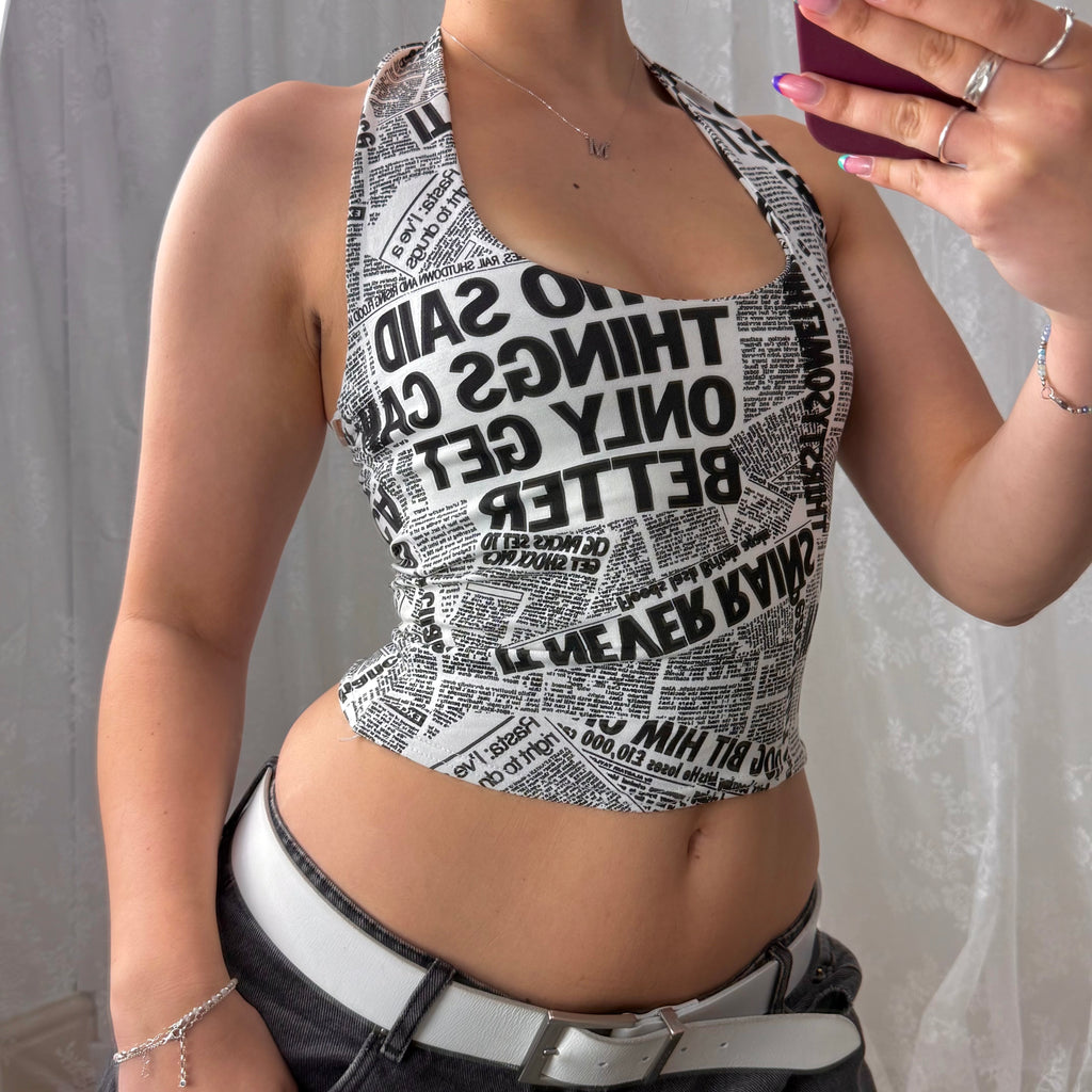 White and black newspaper style halterneck