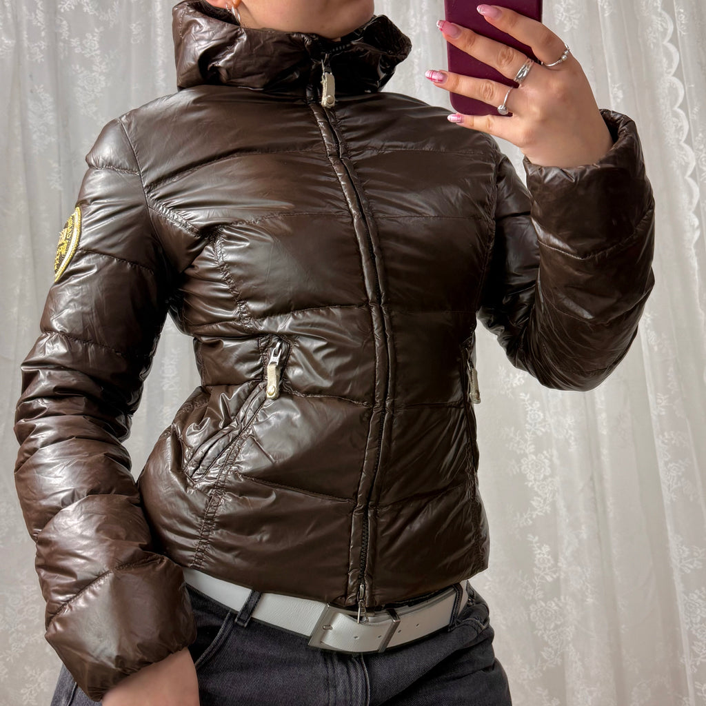 Brown shiny puffer jacket with gold embroidery