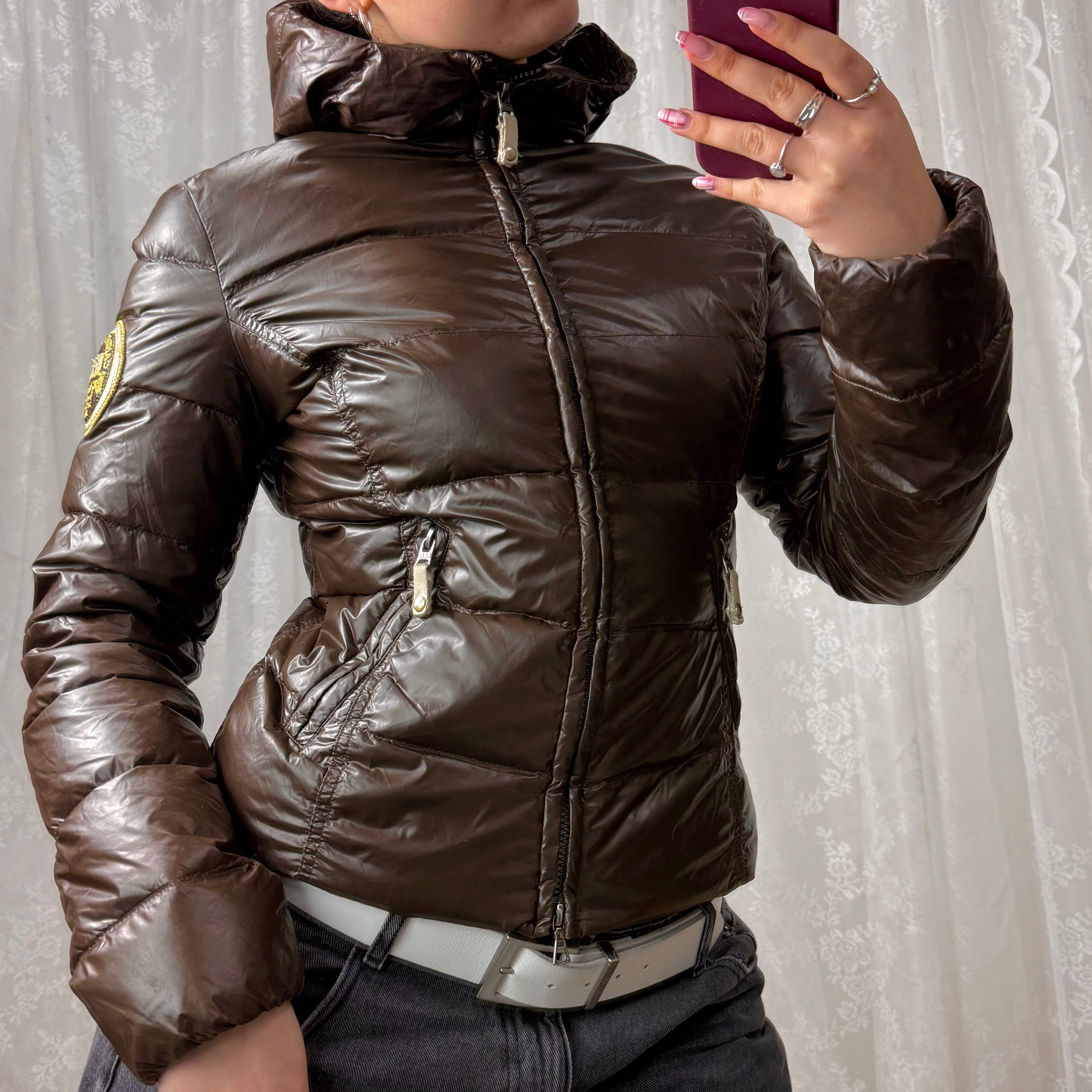 Brown shiny puffer jacket with gold embroidery