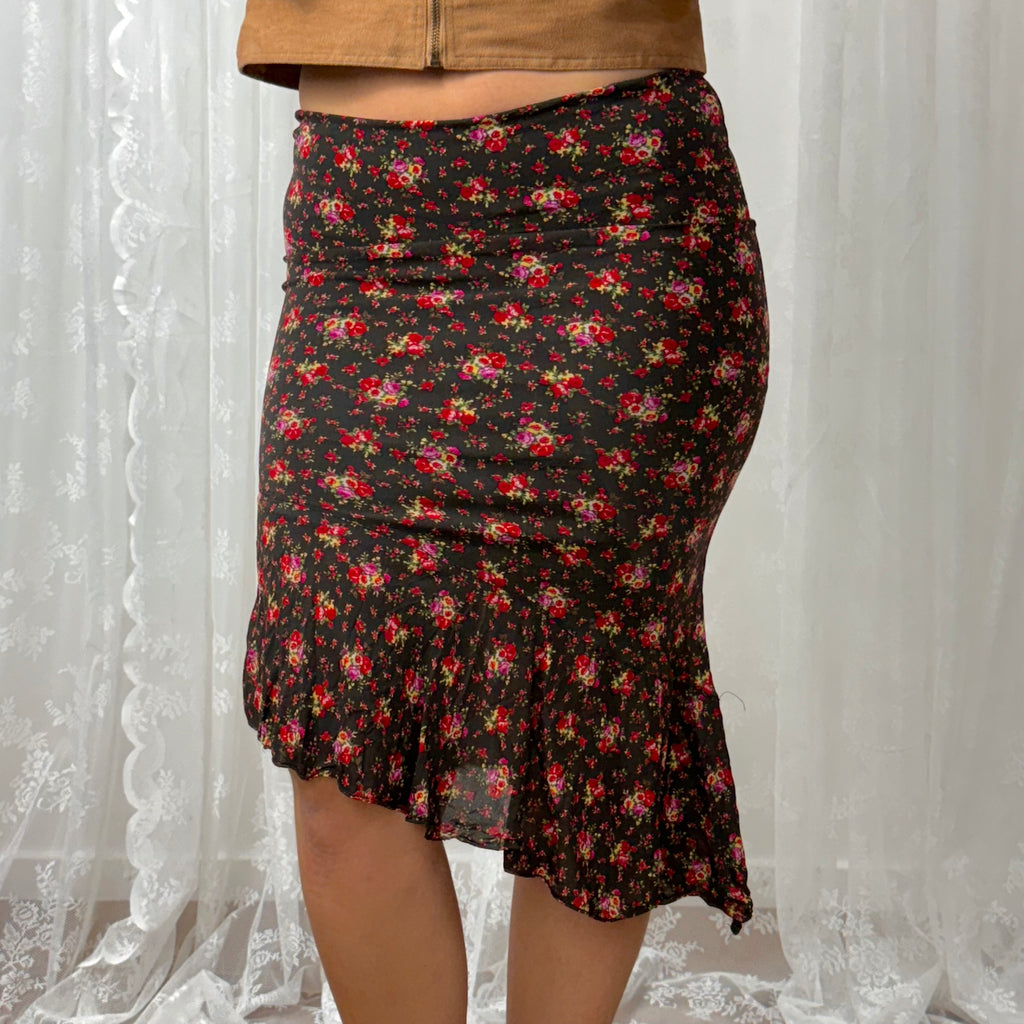 Black floral asymmetrical midi skirt