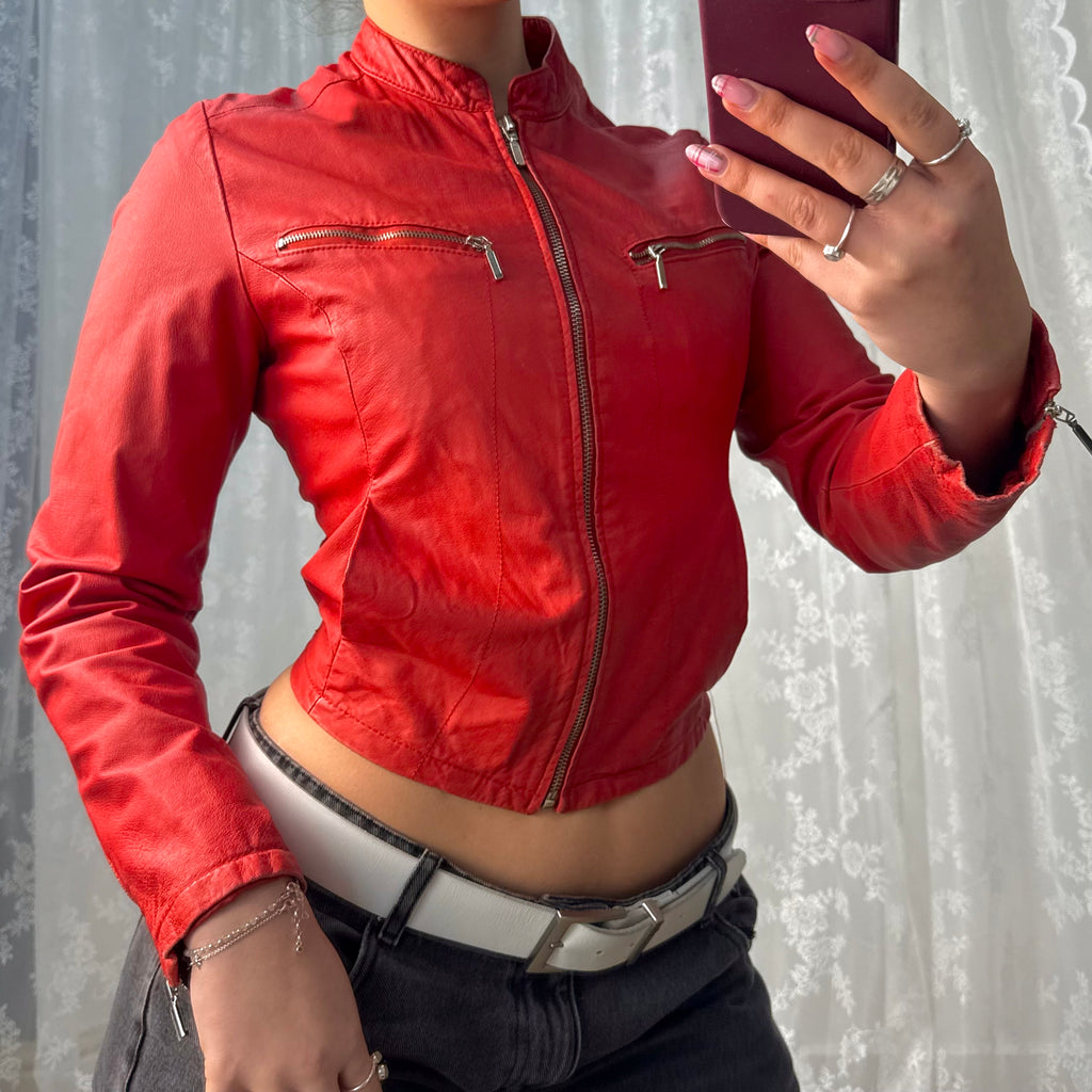 Red leather zip up jacket