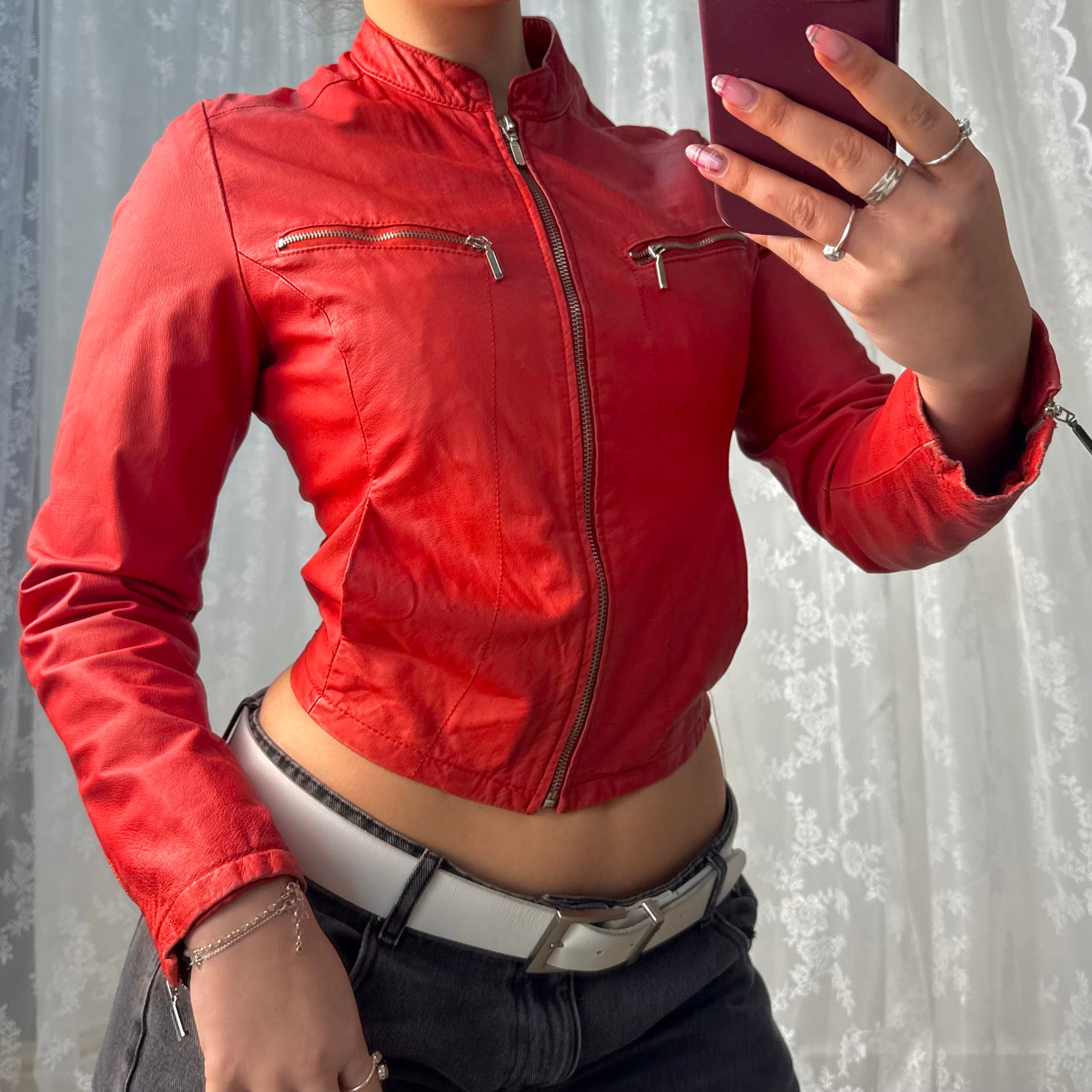 Red leather zip up jacket
