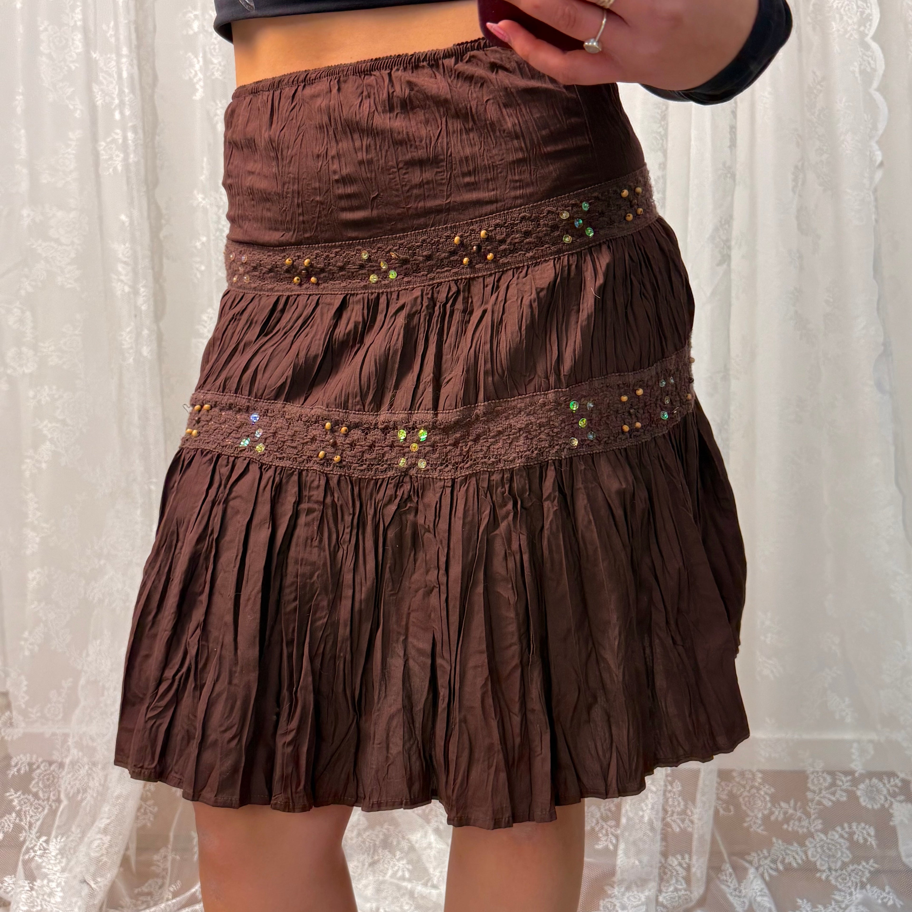 Brown sequin and beaded midi skirt