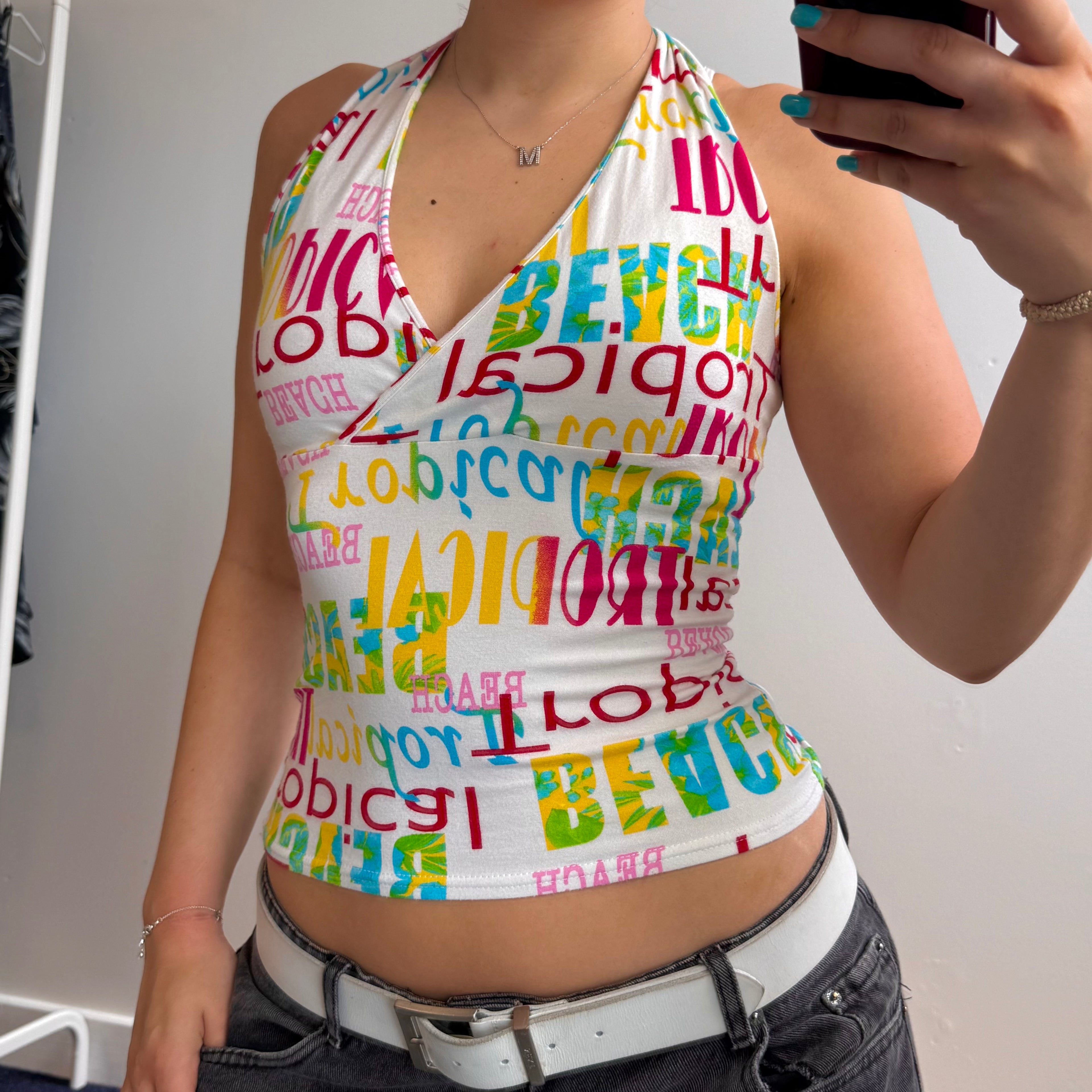 White colourful spellout halterneck top